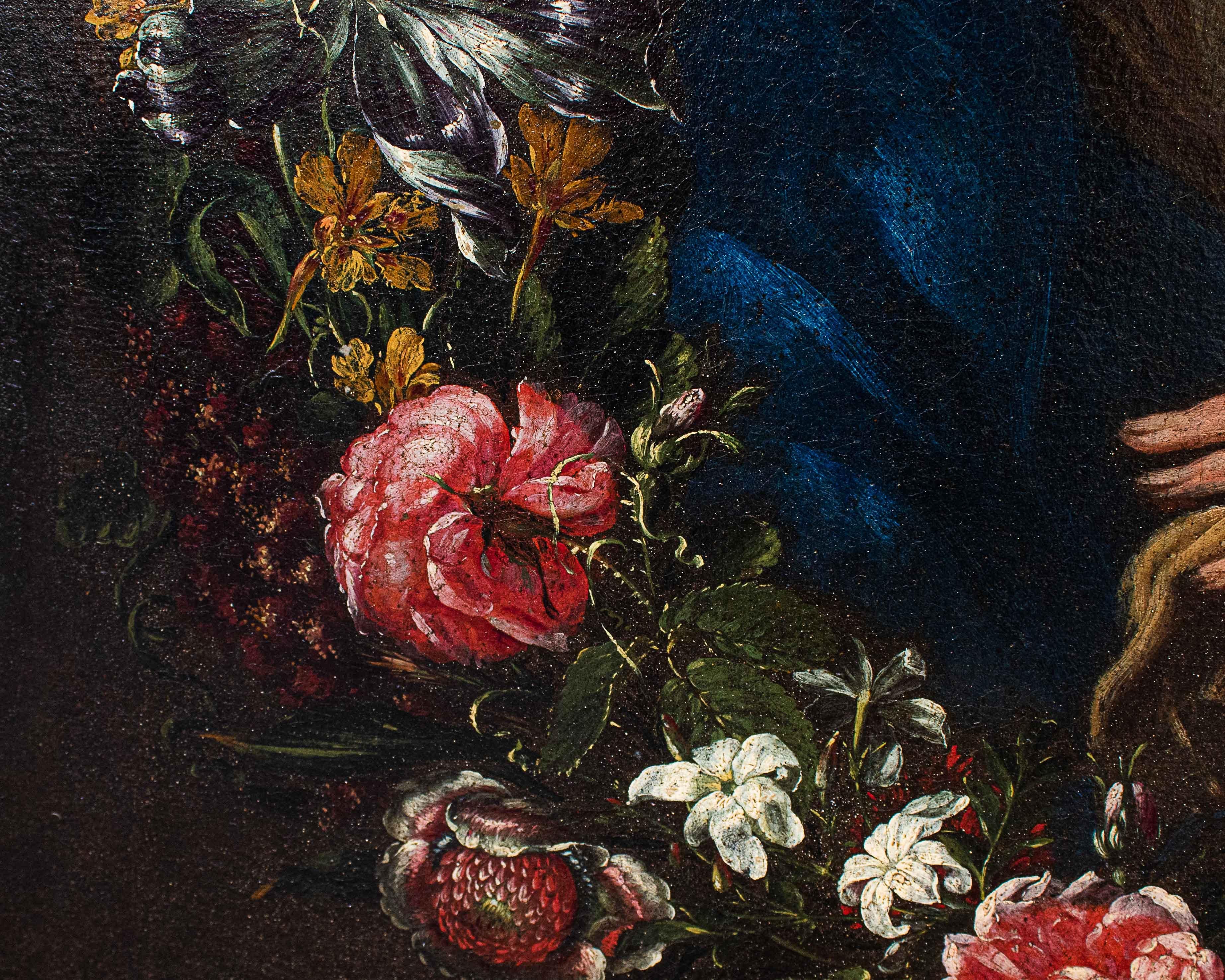 17th-18th Century Virgin with in Garland of Flowers Painting Oil on Canvas 9