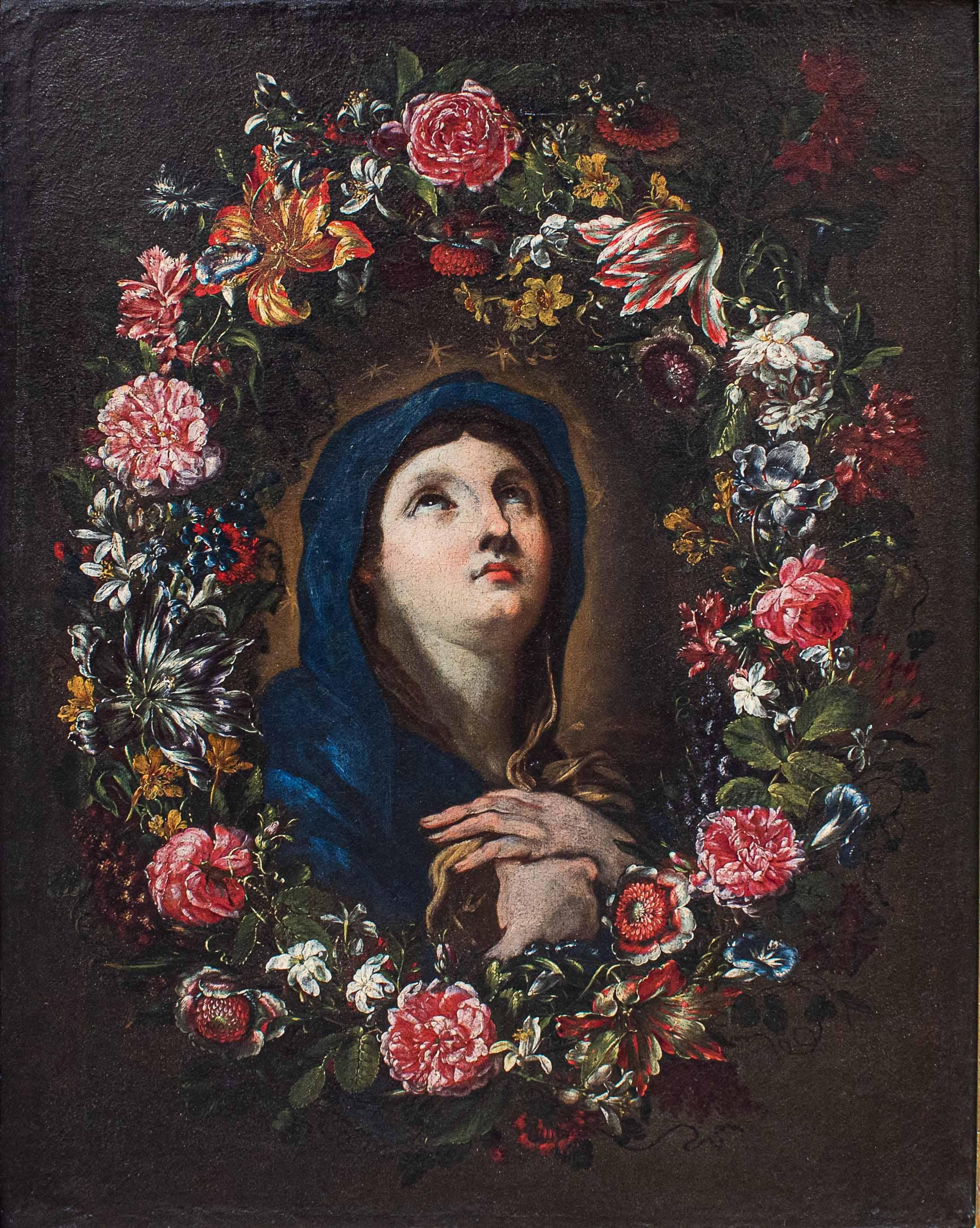 Area of ??Luca Giordano, 17th - 18th century
Virgin Mary within a garland of flowers
Measures: Oil on canvas, 66.5 x 87 cm - with frame, 80 x 100.5 cm

The intimate and delicate canvas in question depicts the illuminated face of the Virgin