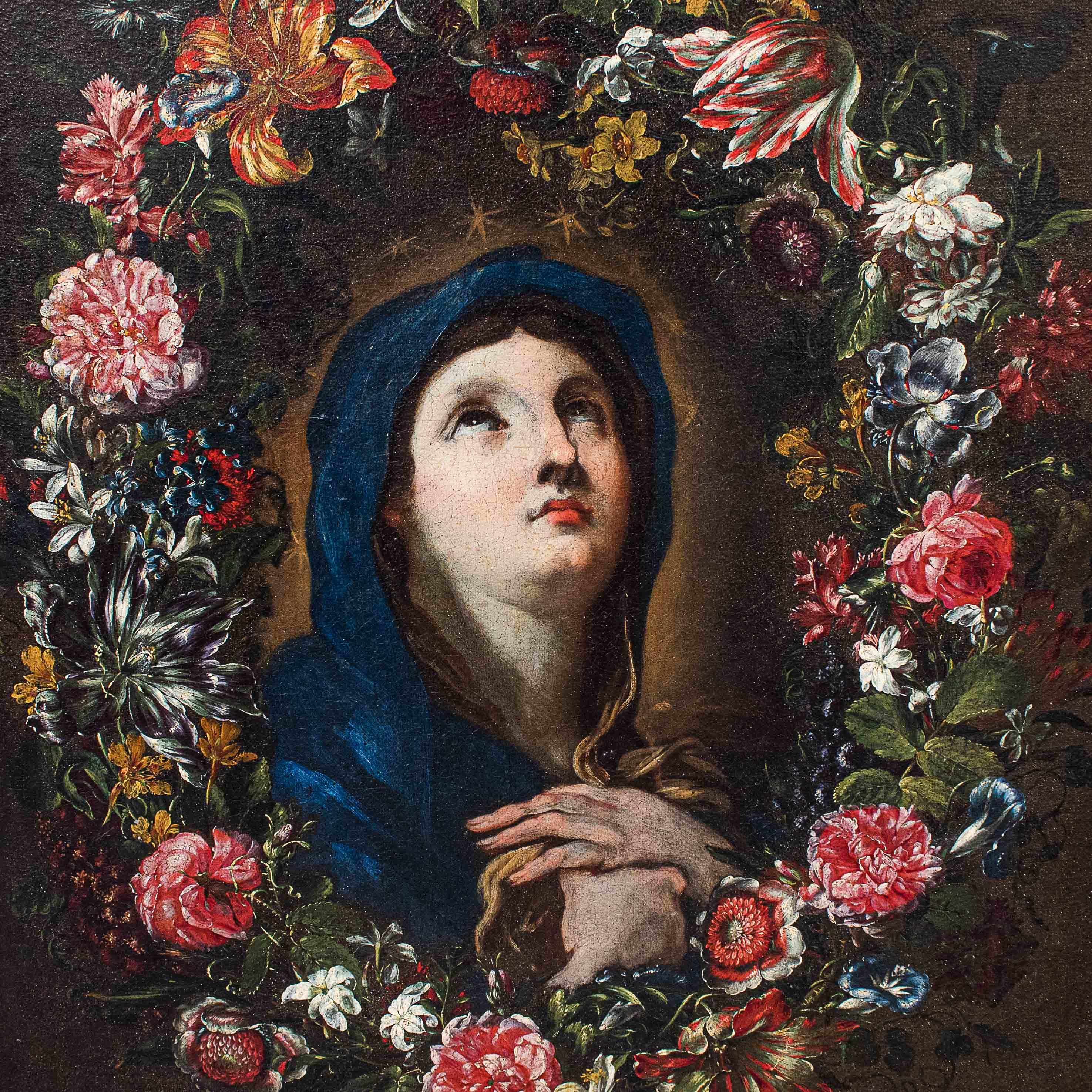 Italian 17th-18th Century Virgin with in Garland of Flowers Painting Oil on Canvas