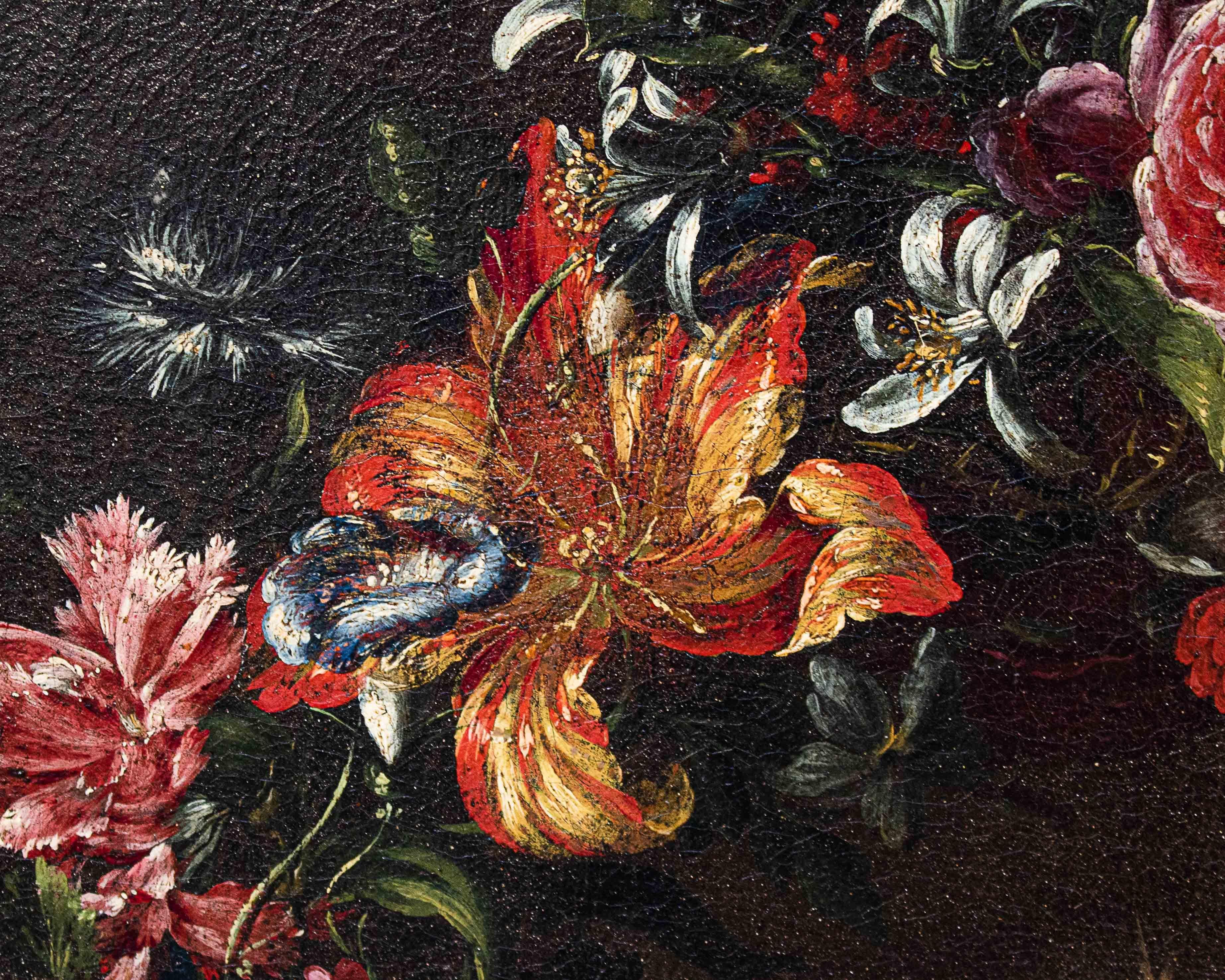 17th-18th Century Virgin with in Garland of Flowers Painting Oil on Canvas In Good Condition In Milan, IT