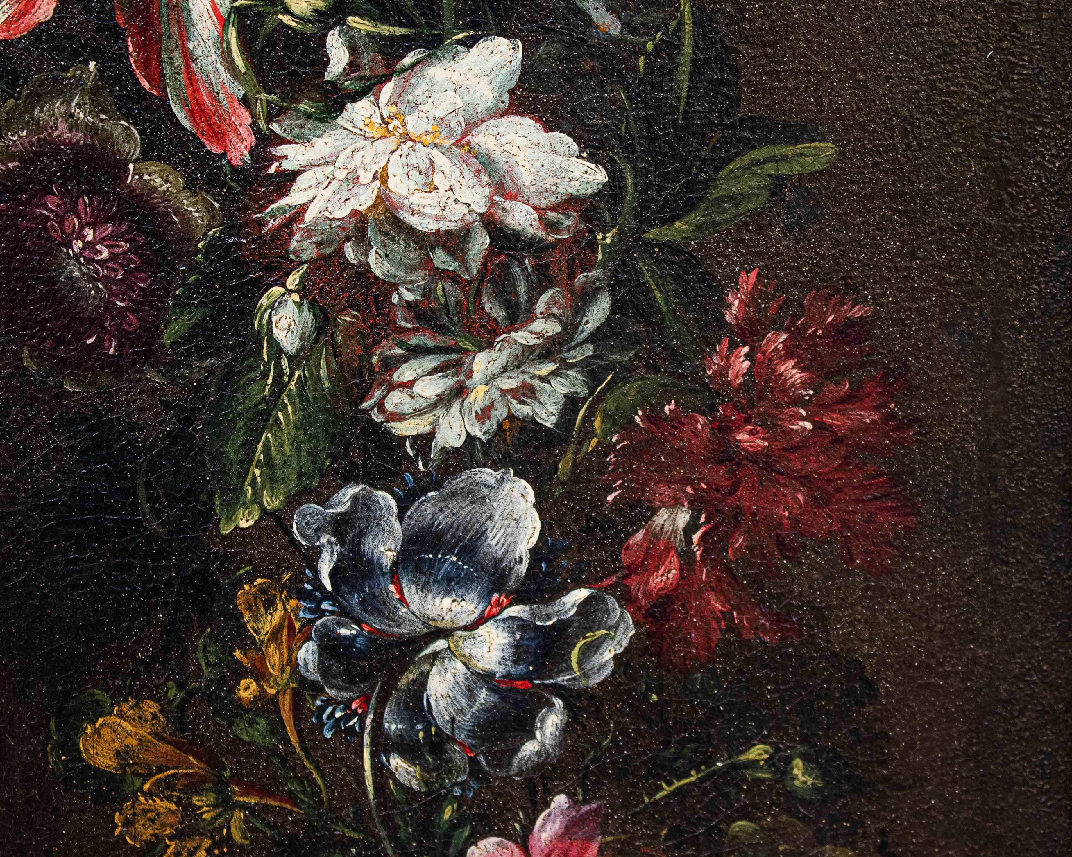 17th Century 17th-18th Century Virgin with in Garland of Flowers Painting Oil on Canvas