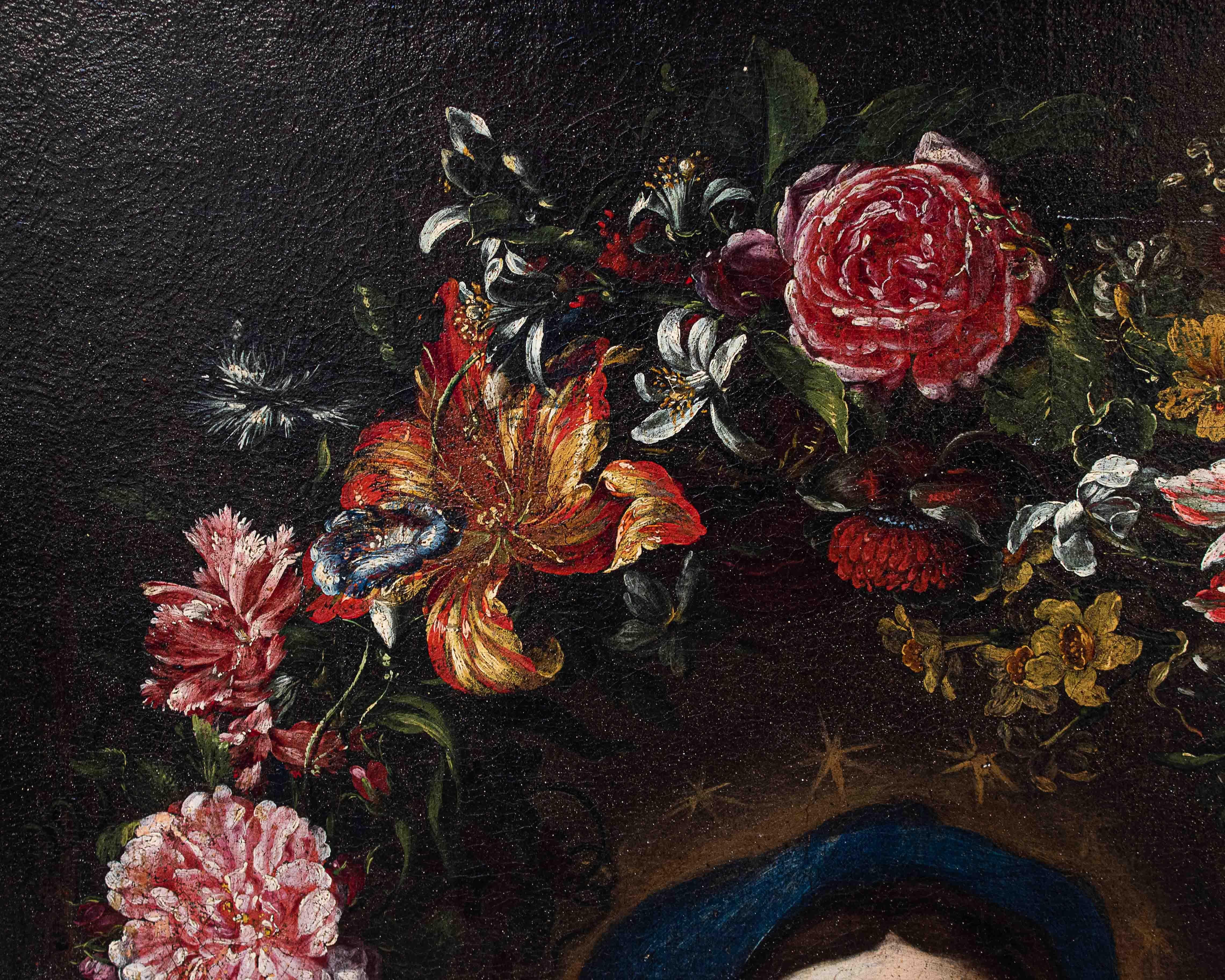 17th-18th Century Virgin with in Garland of Flowers Painting Oil on Canvas 2