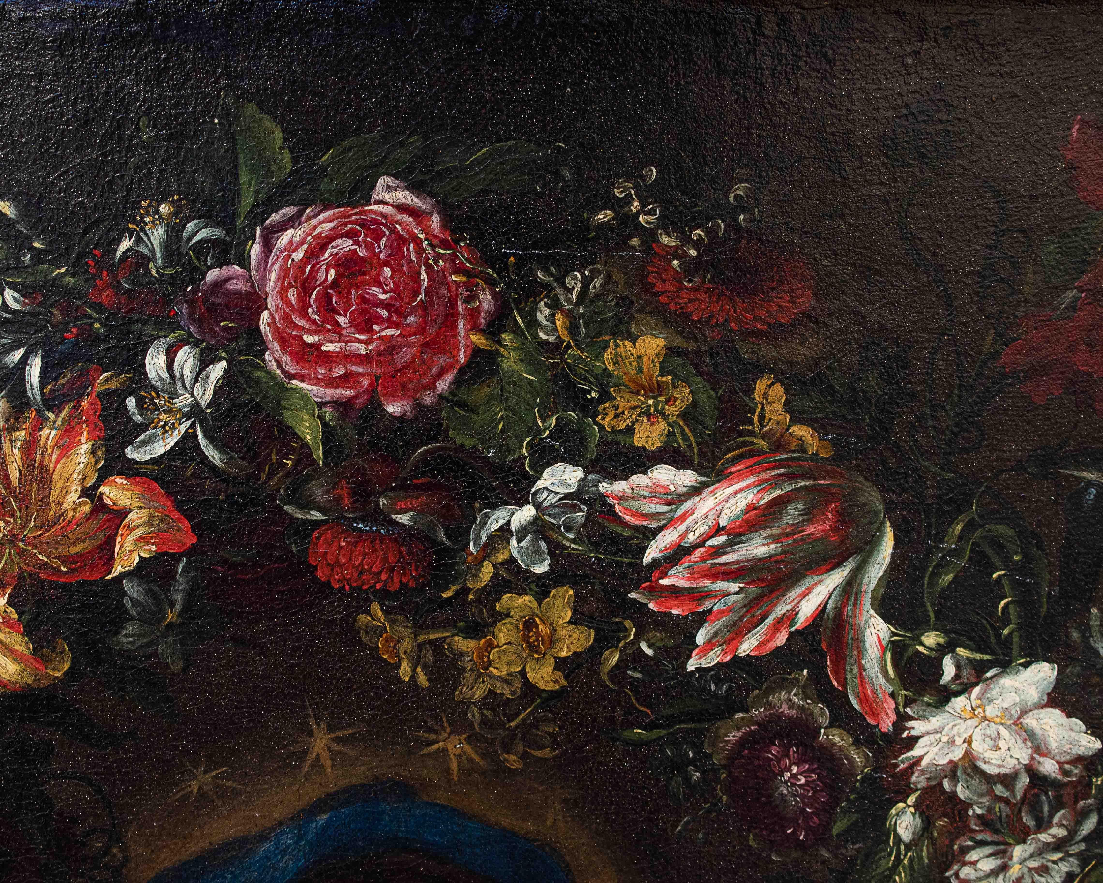 17th-18th Century Virgin with in Garland of Flowers Painting Oil on Canvas 3