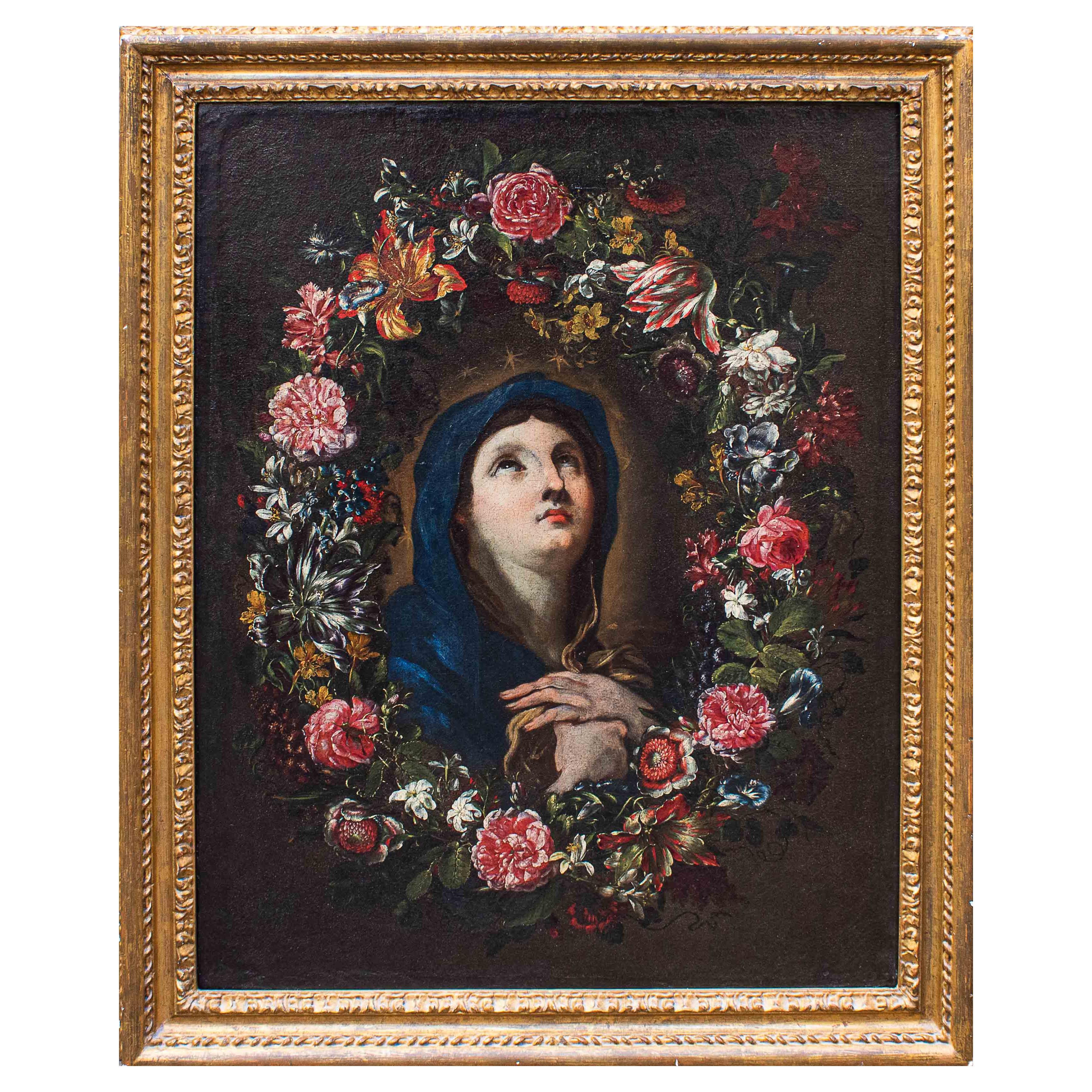 17th-18th Century Virgin with in Garland of Flowers Painting Oil on Canvas