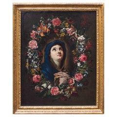 Used 17th-18th Century Virgin with in Garland of Flowers Painting Oil on Canvas