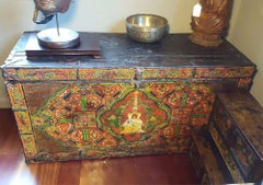17th/18thC Tibetan Carved Chest with Large Stupa Motif – Old Paint – Ex: Estate