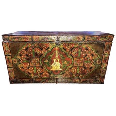 17th/18thC Tibetan Carved Chest with Large Stupa Motif – Old Paint – Ex: Estate