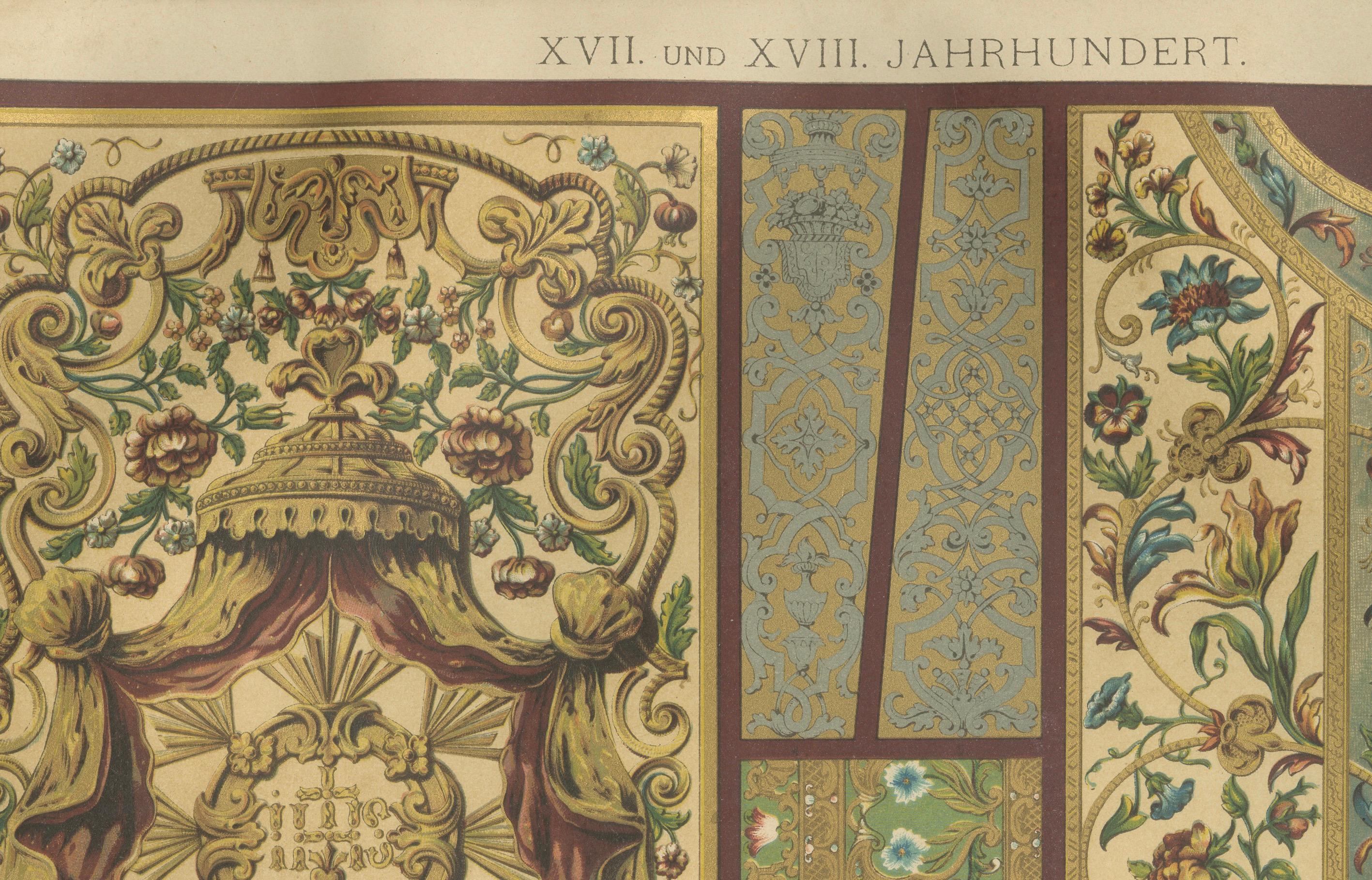 Grabado de artes ornamentales de los siglos XVII y XVIII de H. Dolmetsch - Bordado y Giltwork

Este sorprendente grabado antiguo de H. Dolmetsch, publicado en Stuttgart por Jul. Hoffmann a finales del siglo XIX, presenta una vívida y elegante