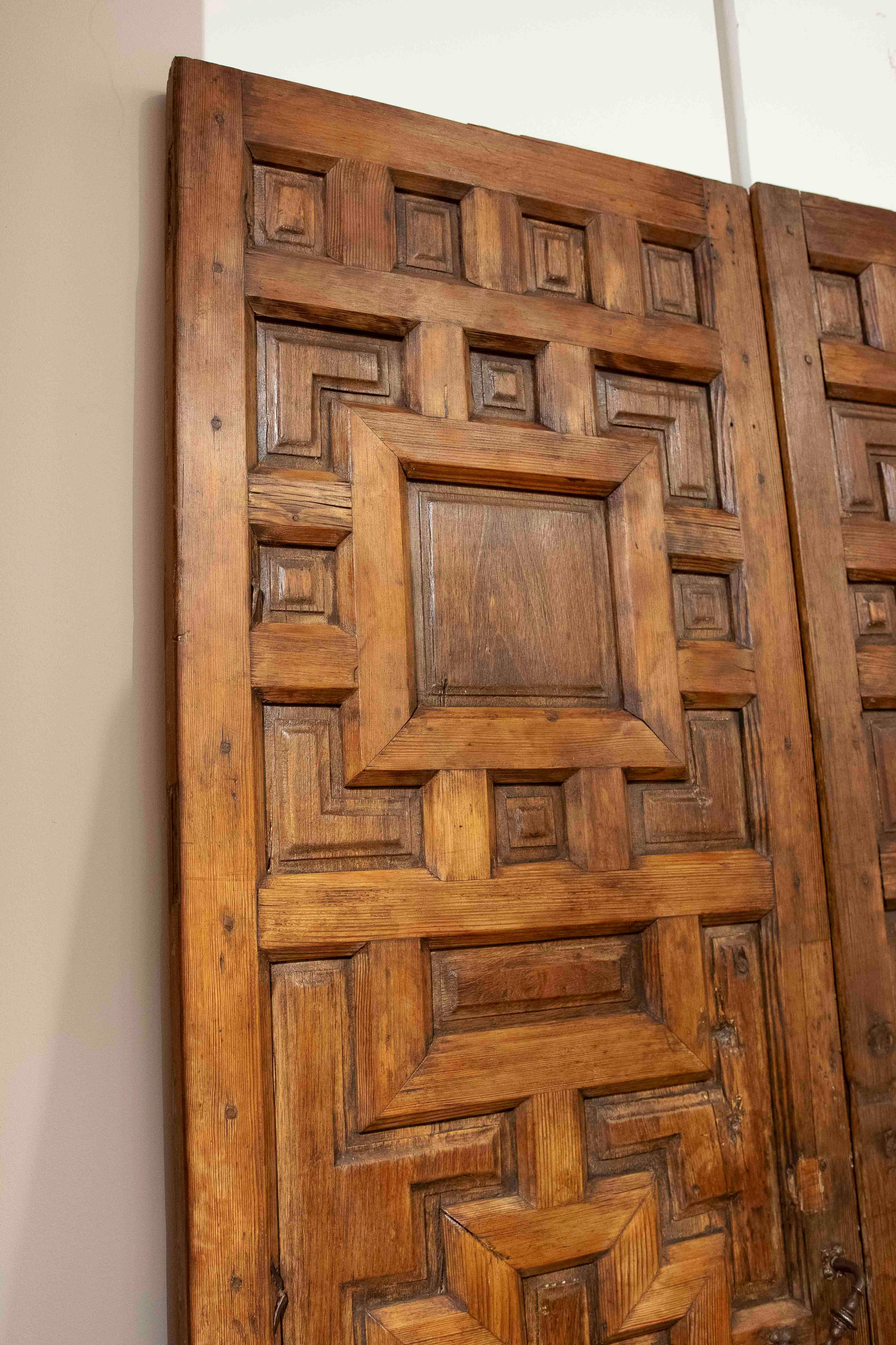 18th Century and Earlier 17th Antique Carved Wooden Door with Mudejar Geometric Design For Sale