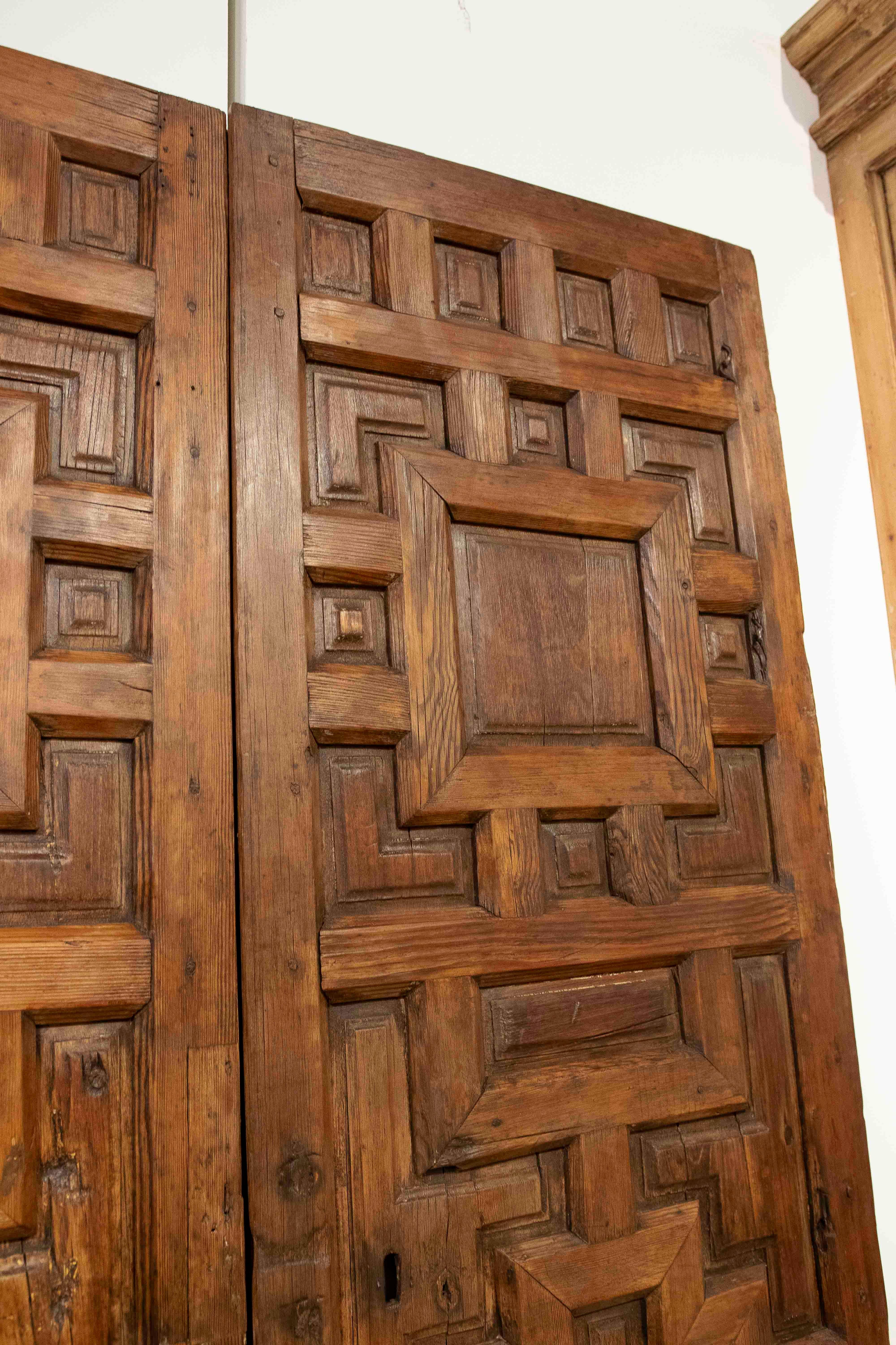 Walnut 17th Antique Carved Wooden Door with Mudejar Geometric Design For Sale