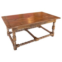 17th Antique Italian Solid Wood Table with Turned Legs and Crossbars