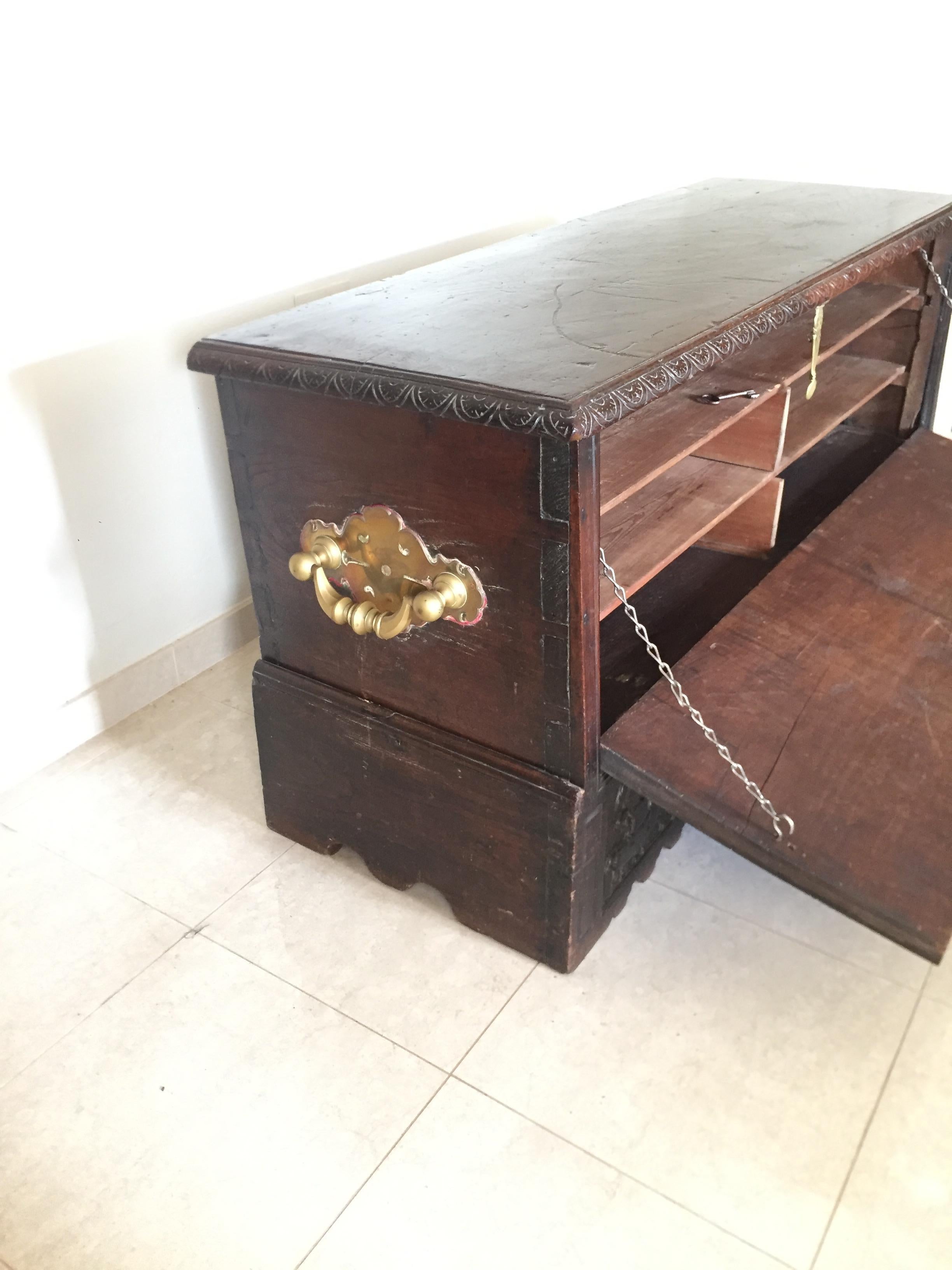 Antique Spanish Country Basque Hand Carved Chest or 