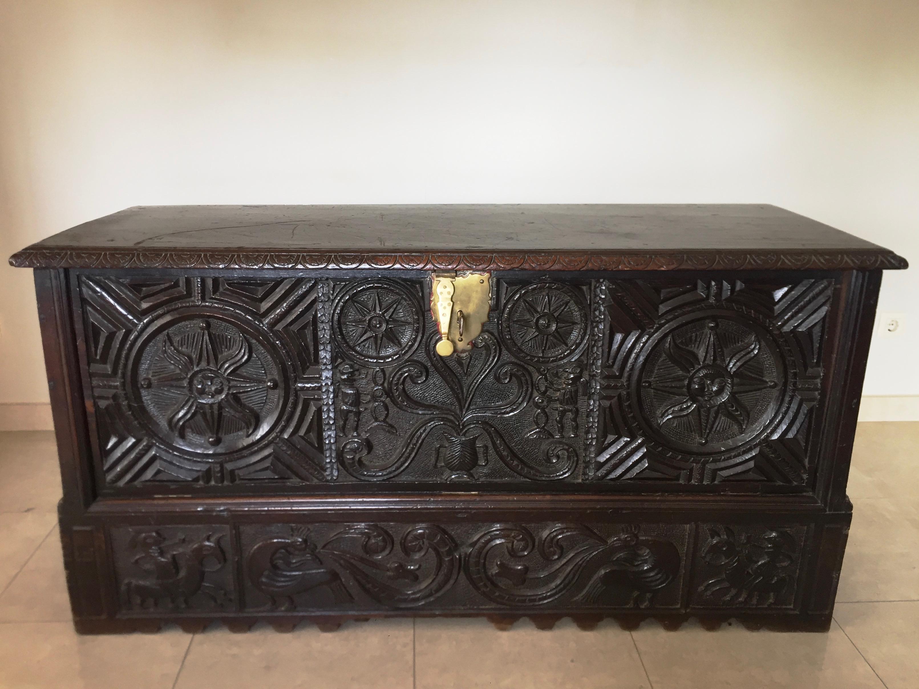 Antique Spanish Country Basque Hand Carved Chest or 