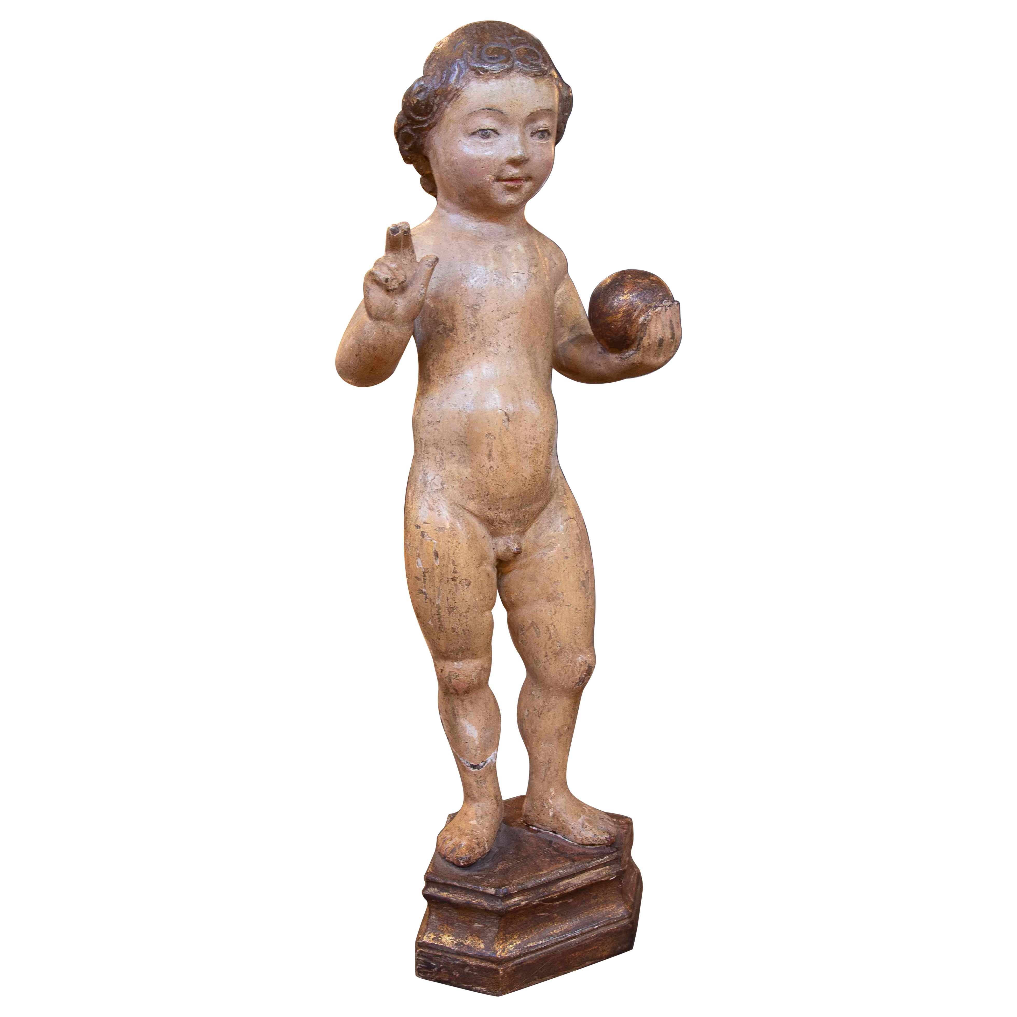 17th Antique Sculpture of Infant Jesus of Mechelen in Polychrome Wood