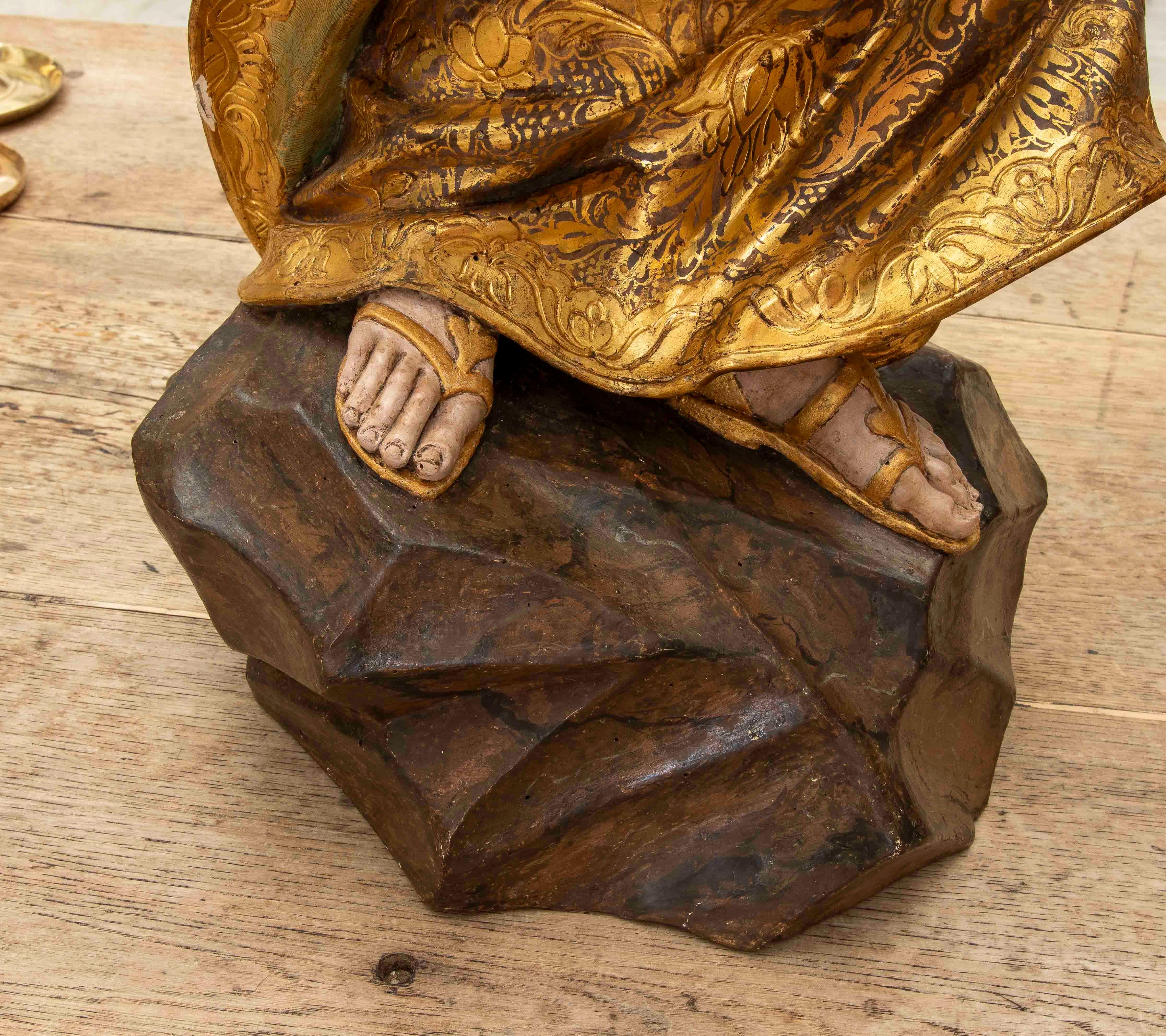 17th Baroque Sculpture of Saint Joseph & the Child, Polychrome & Gilded Carving For Sale 10
