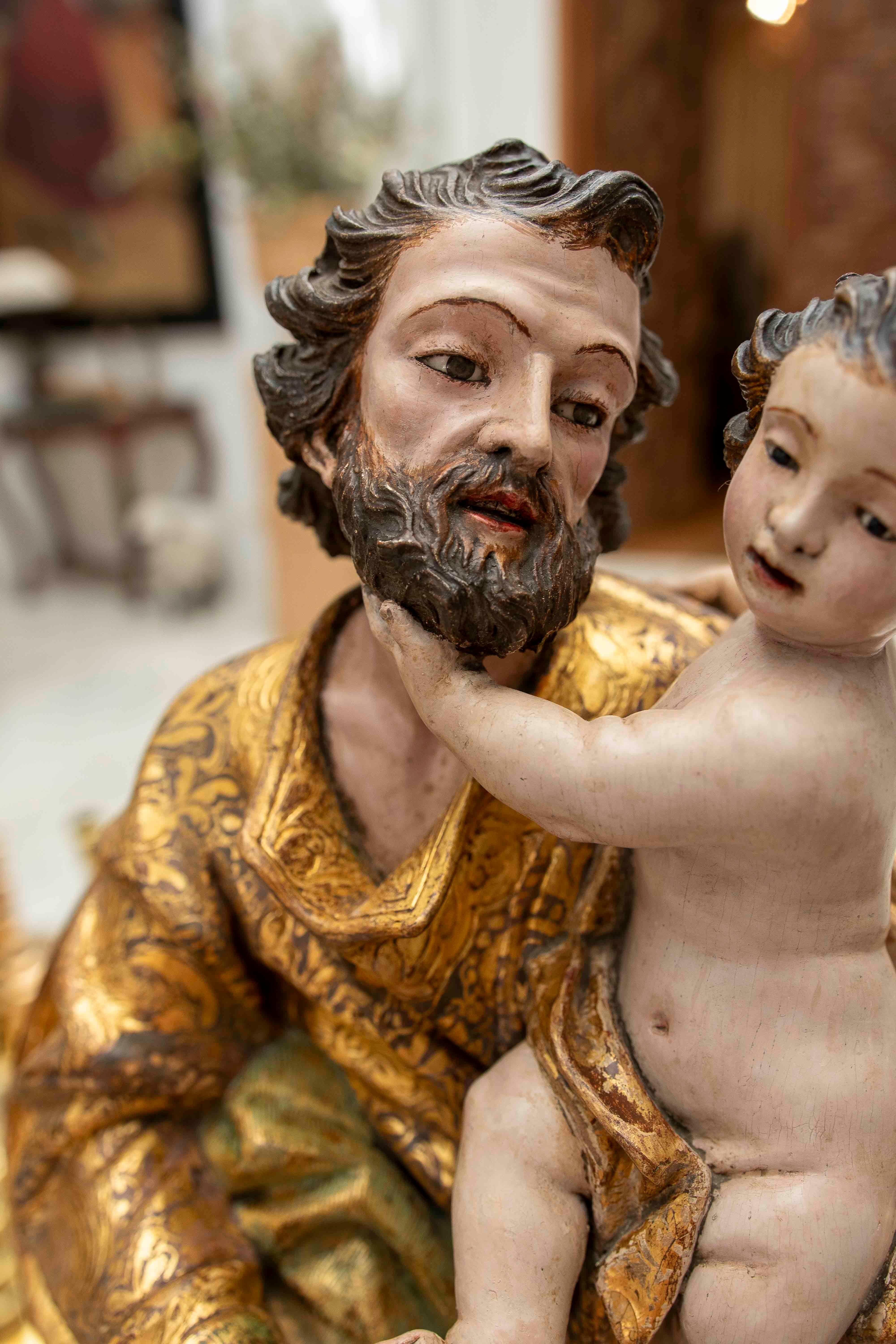 17th Baroque Sculpture of Saint Joseph & the Child, Polychrome & Gilded Carving For Sale 12