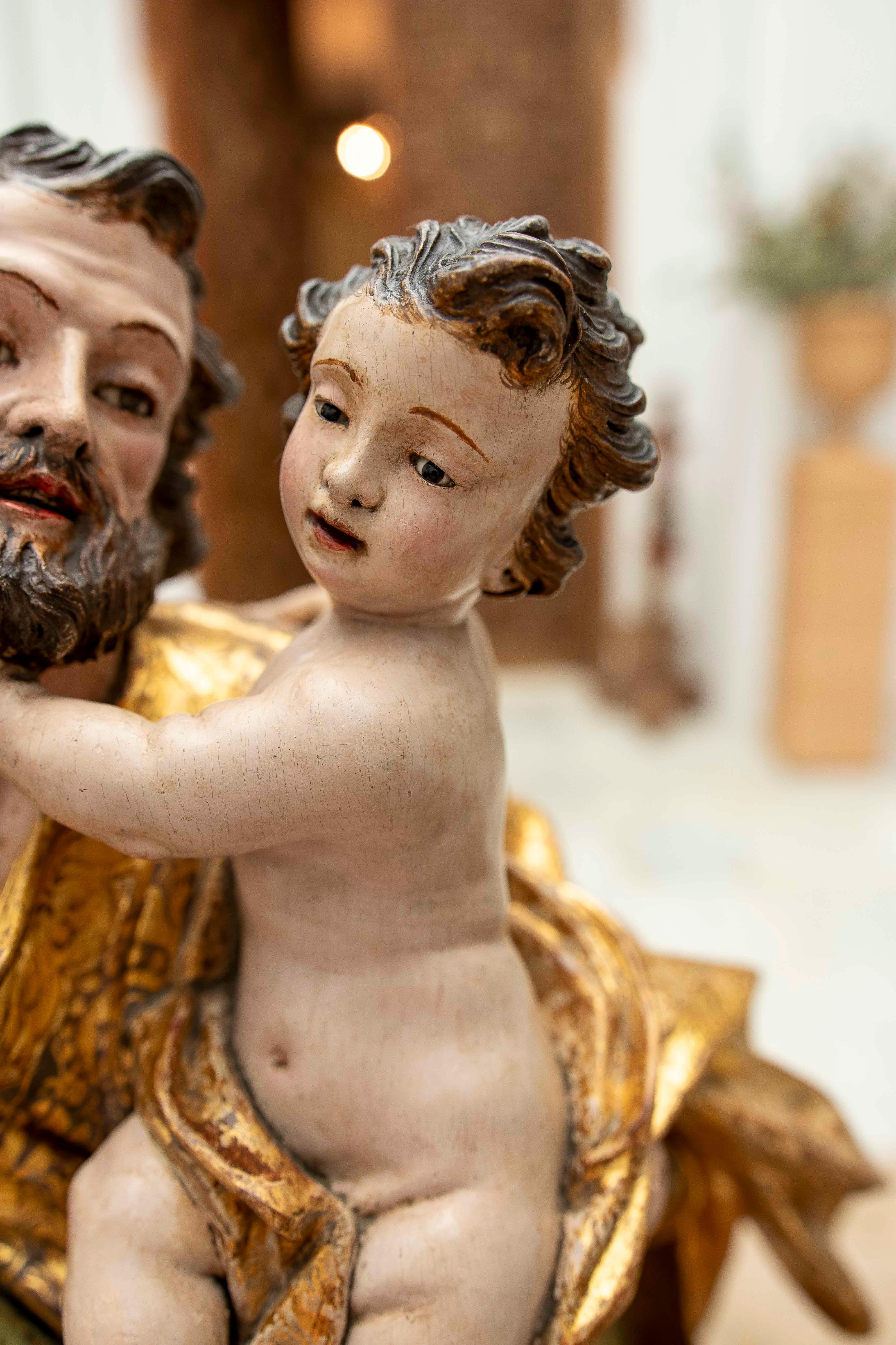 17th Baroque Sculpture of Saint Joseph & the Child, Polychrome & Gilded Carving For Sale 13