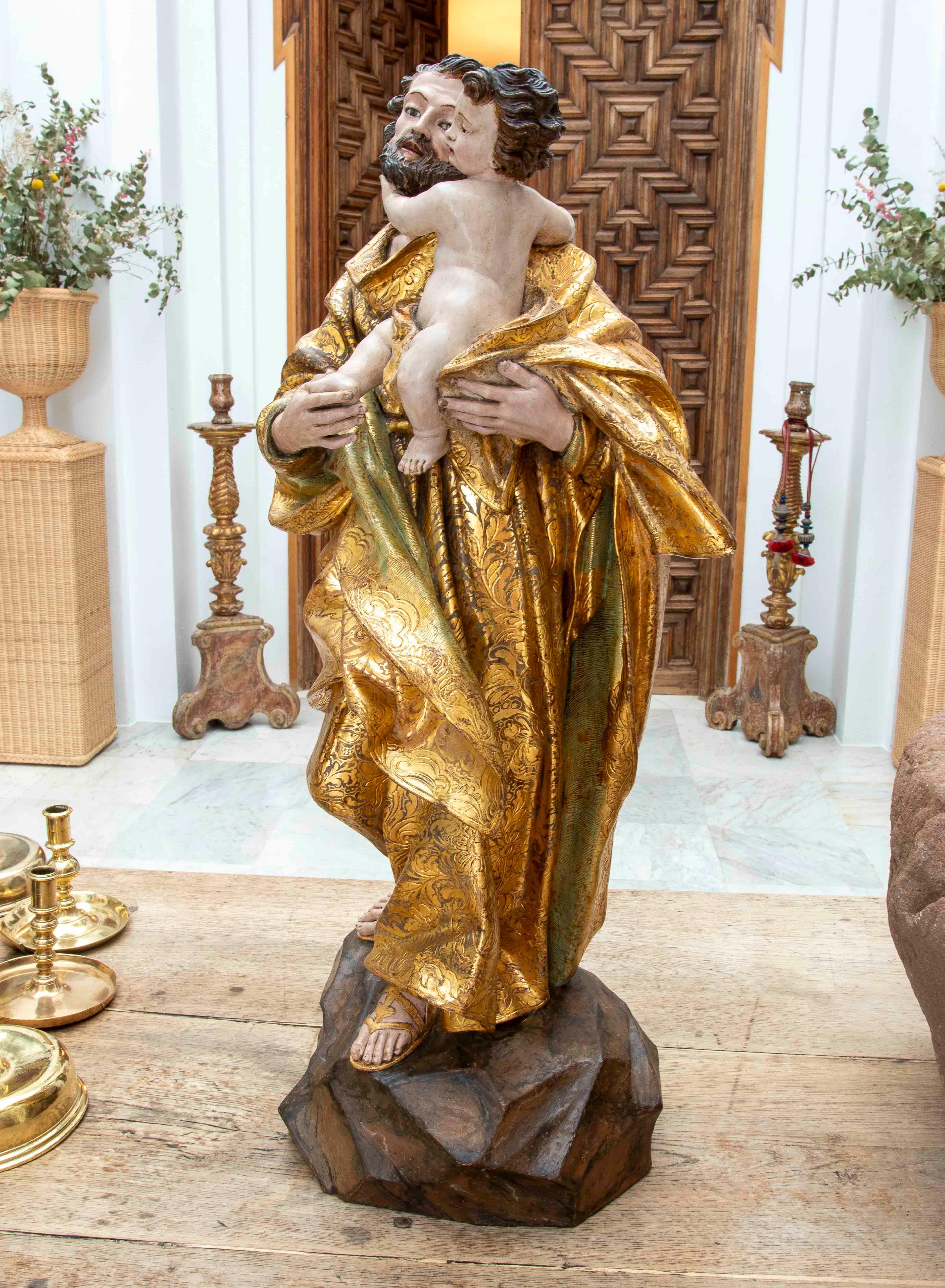 17th Baroque Sculpture of Saint Joseph & the Child, Polychrome & Gilded Carving For Sale 1