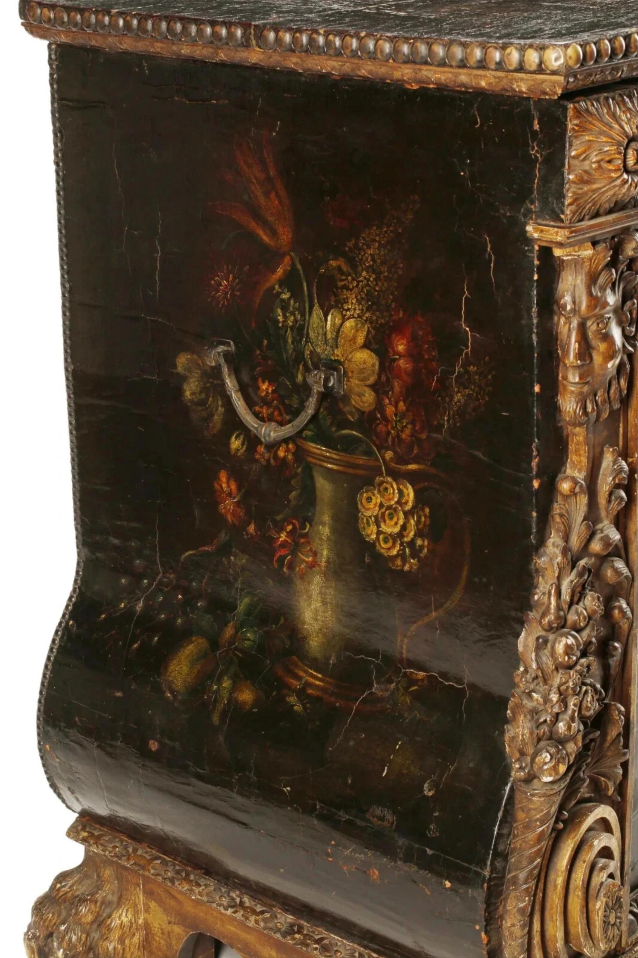 Europeo C.I.C., 16-1700 Antico Forziere spagnolo dipinto, con serratura a scomparsa, pelle e legno! in vendita