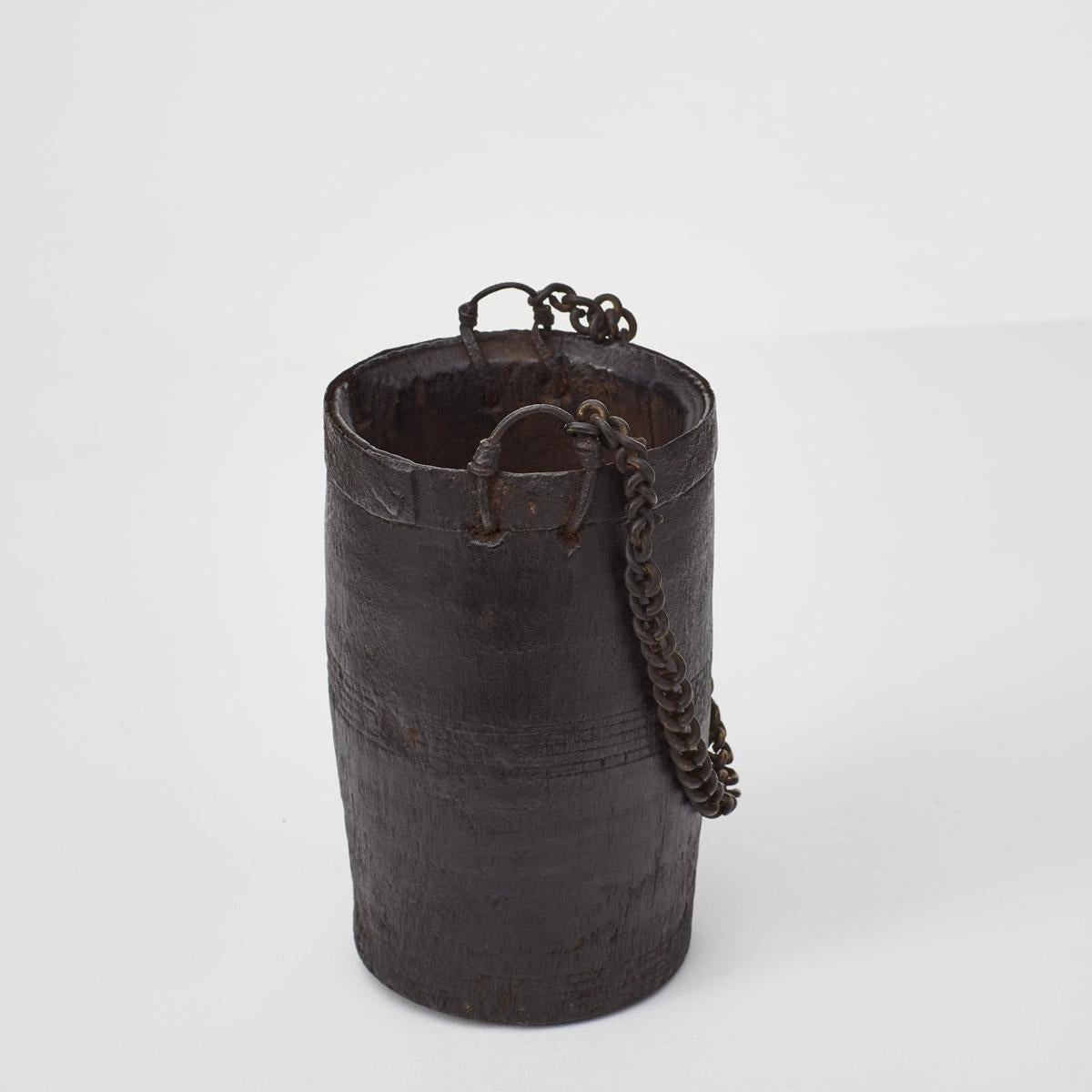 Blackened 17th C. Antique pail with chain handle For Sale