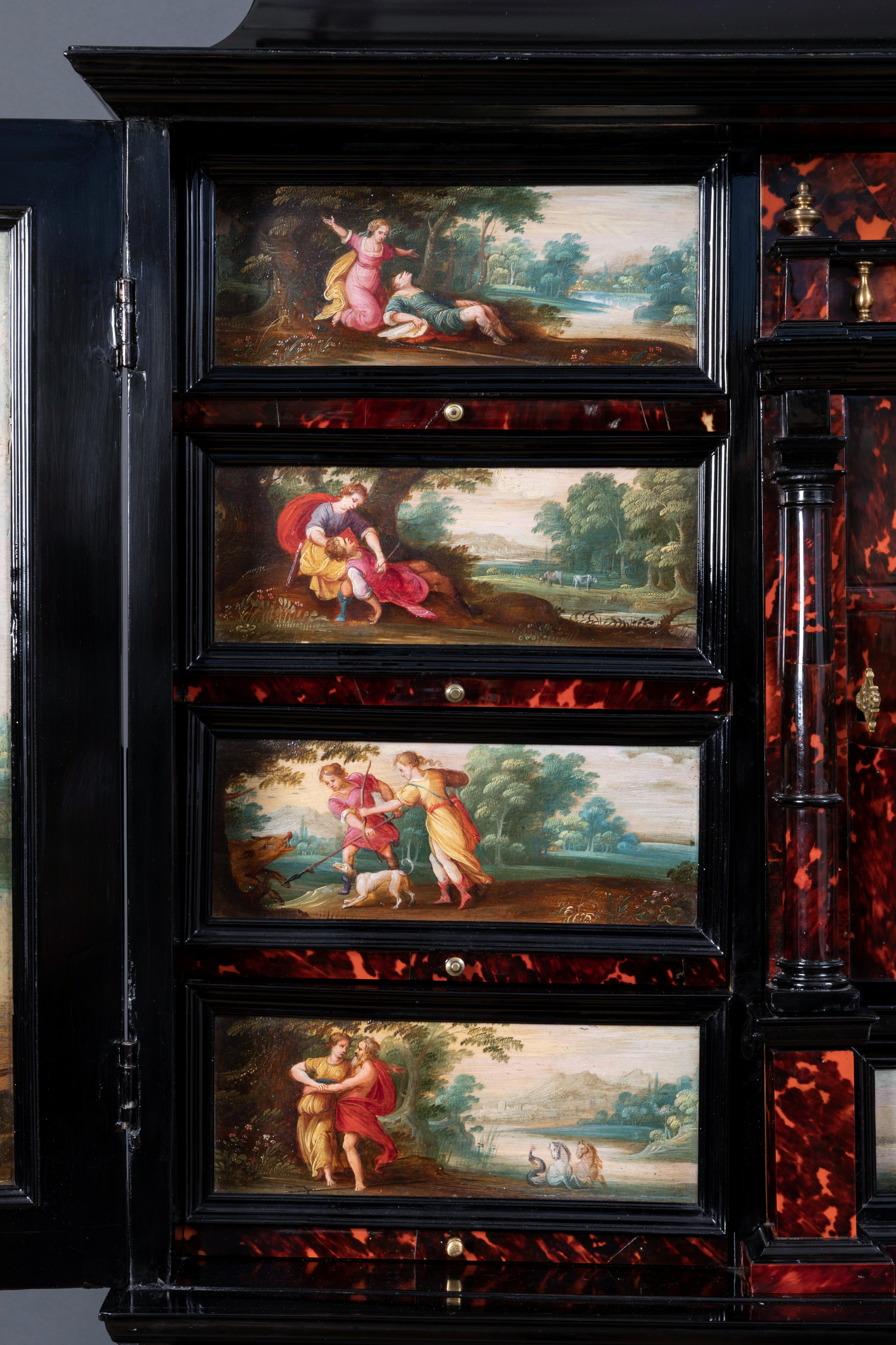 Wood 17th Century Antwerp Cabinet with Painted Panels Attributed to H. Van Balen For Sale