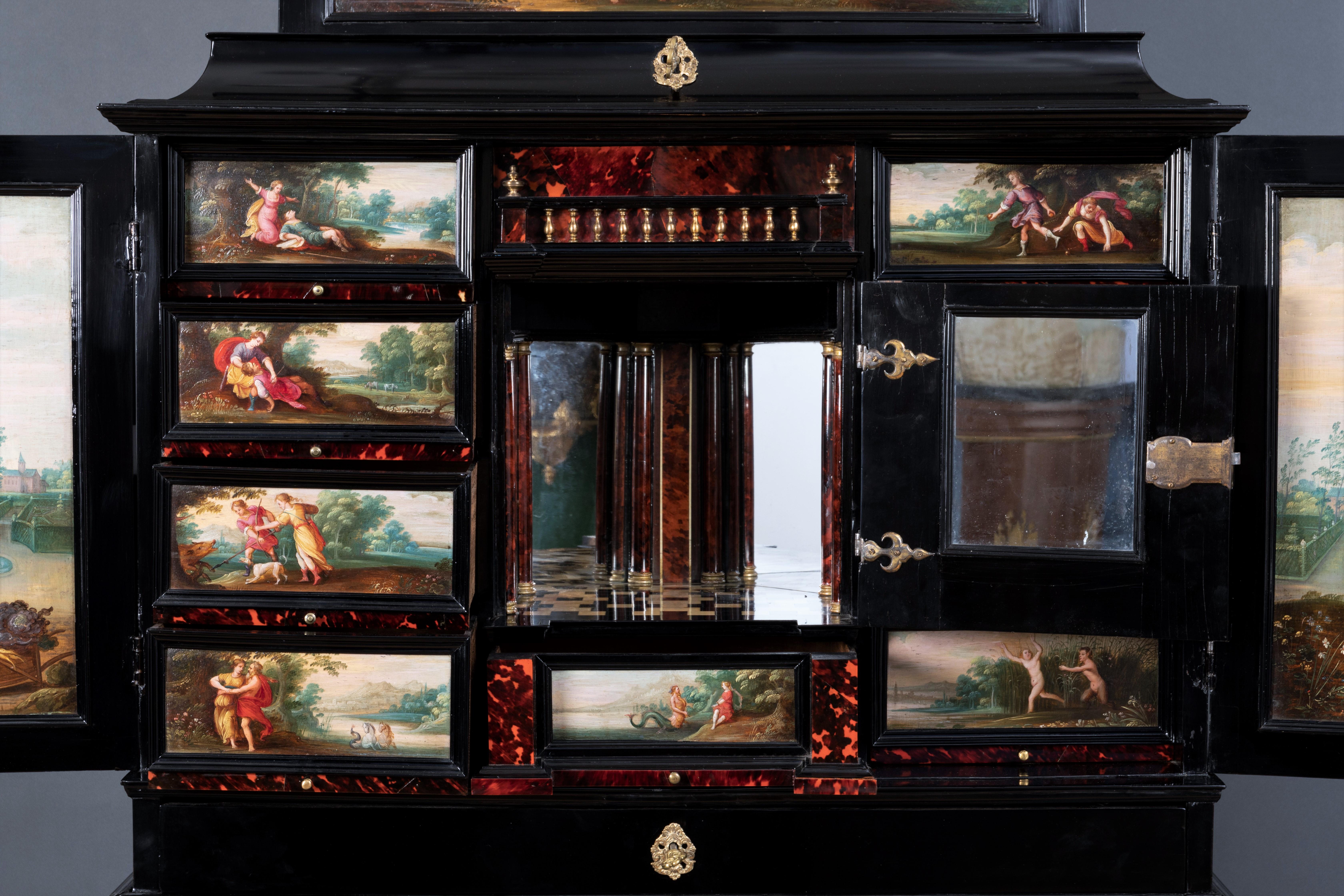 Belgian 17th Century Antwerp Cabinet with Painted Panels Attributed to H. Van Balen For Sale