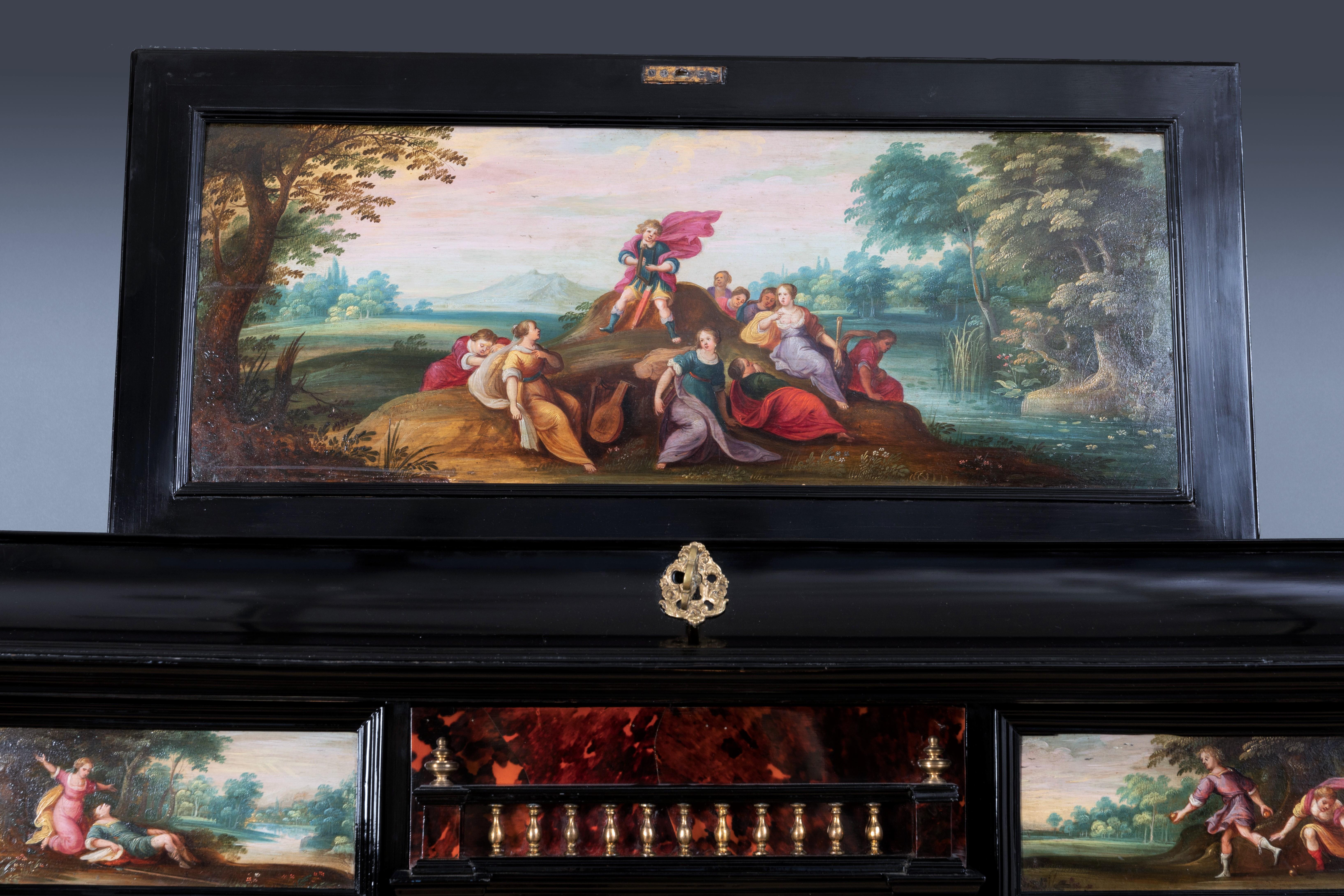 Ebonized 17th Century Antwerp Cabinet with Painted Panels Attributed to H. Van Balen For Sale