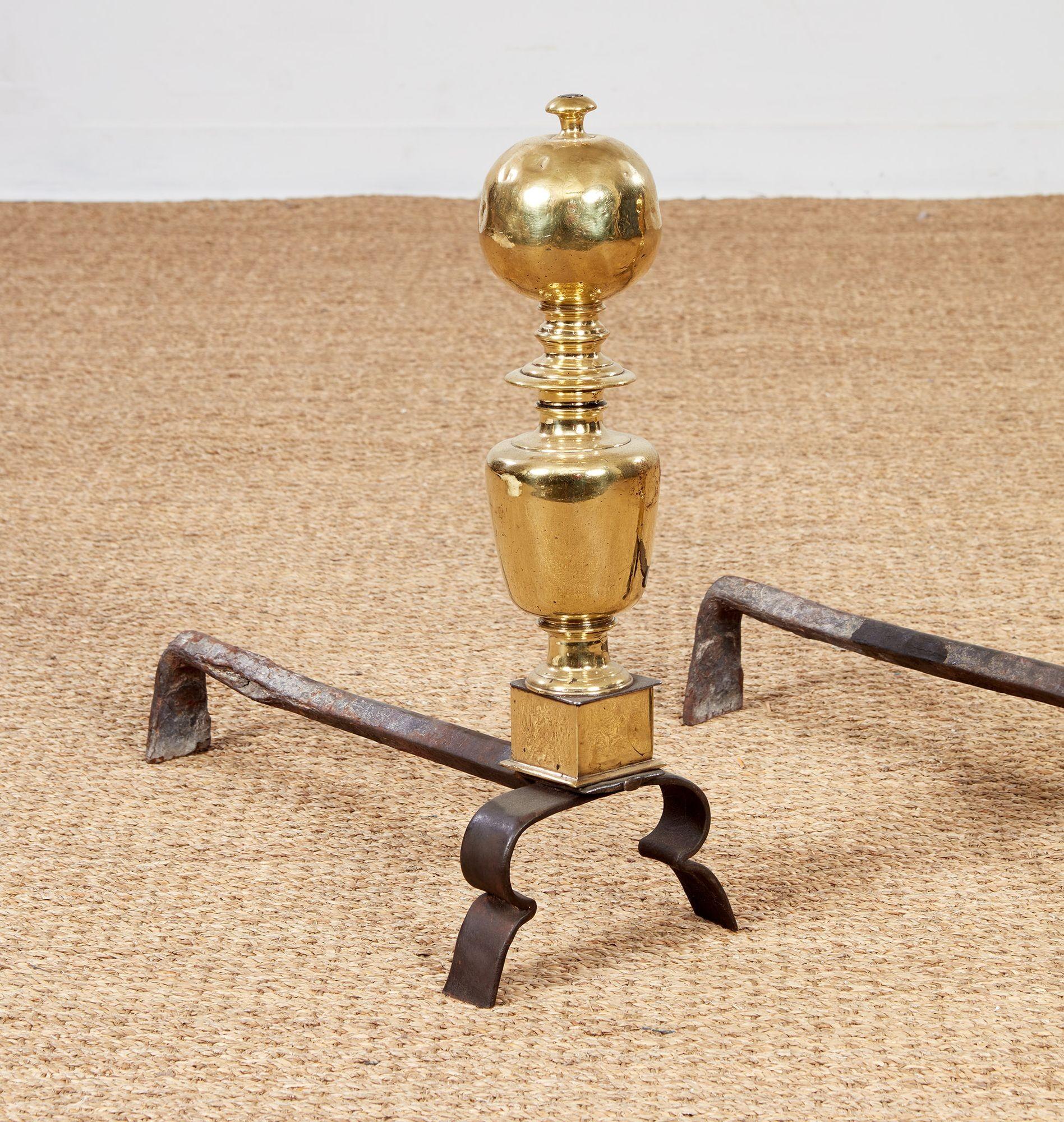 Baroque 17th c. Brass Ball Top Andirons en vente