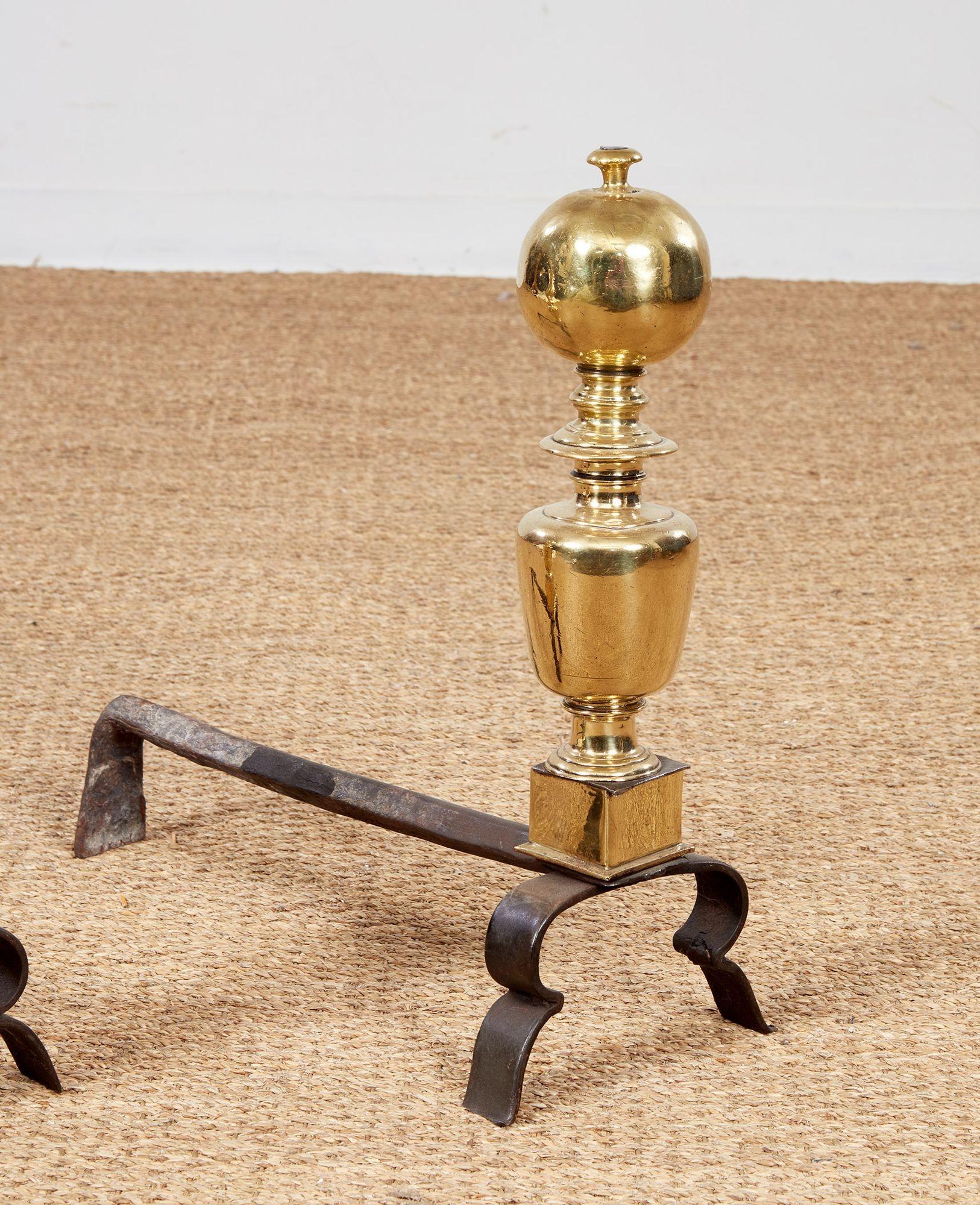 italien 17th c. Brass Ball Top Andirons en vente