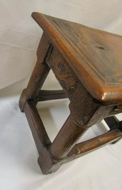 17th c Burled Oak English Carved Oakleaf Motif Footstool w Pegged Construction