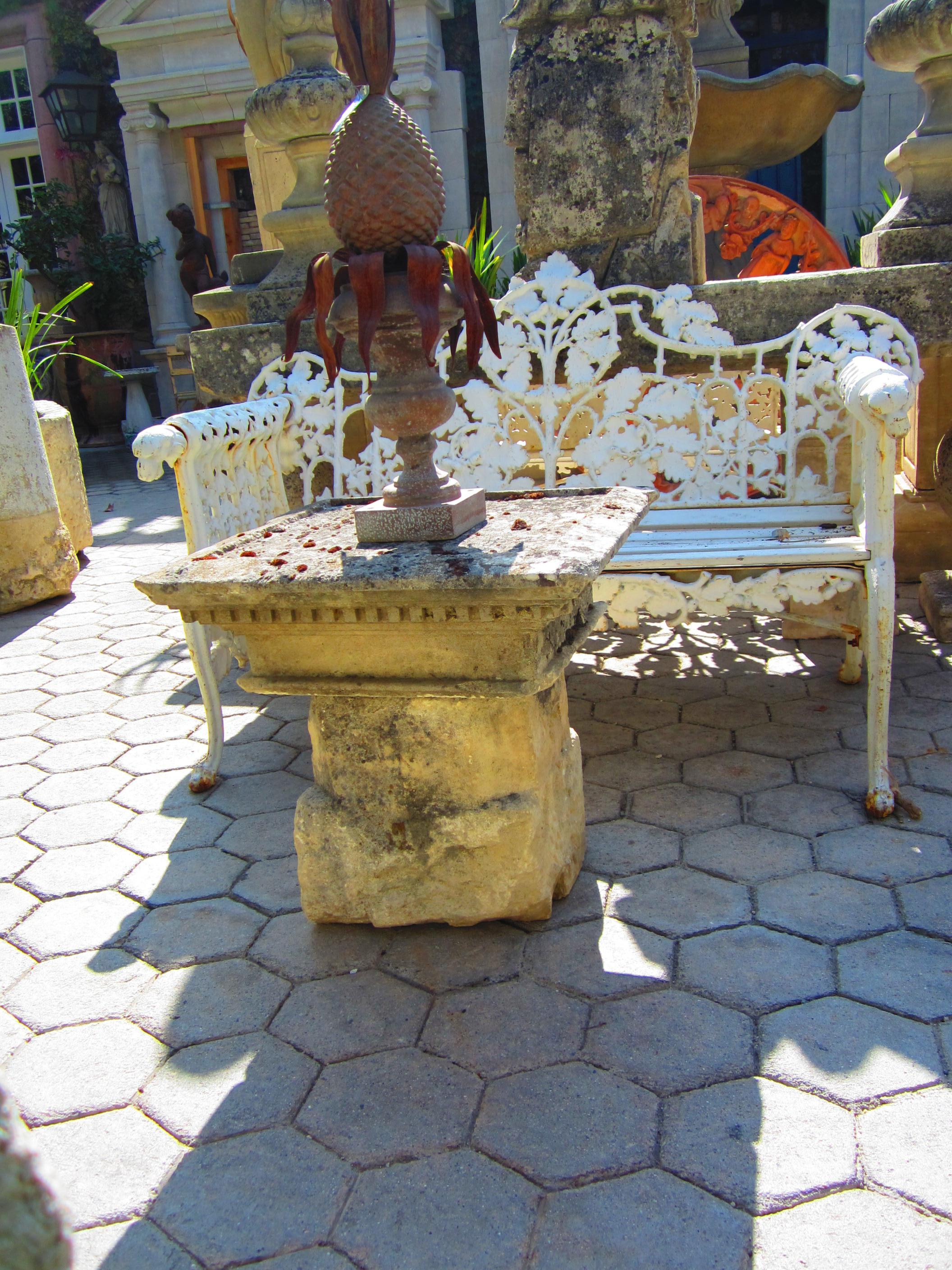 17th century stone base and Chapiteau Capital elements Hand carved stone creating a garden low coffee outdoor indoor side table. It will be the perfect touch by an outdoor fireplace, this table has a lot of charm and character. It can work in a