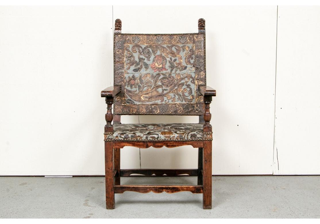 Elizabethan Late 17th Century Carved Walnut and Embossed Leather Armchair For Sale