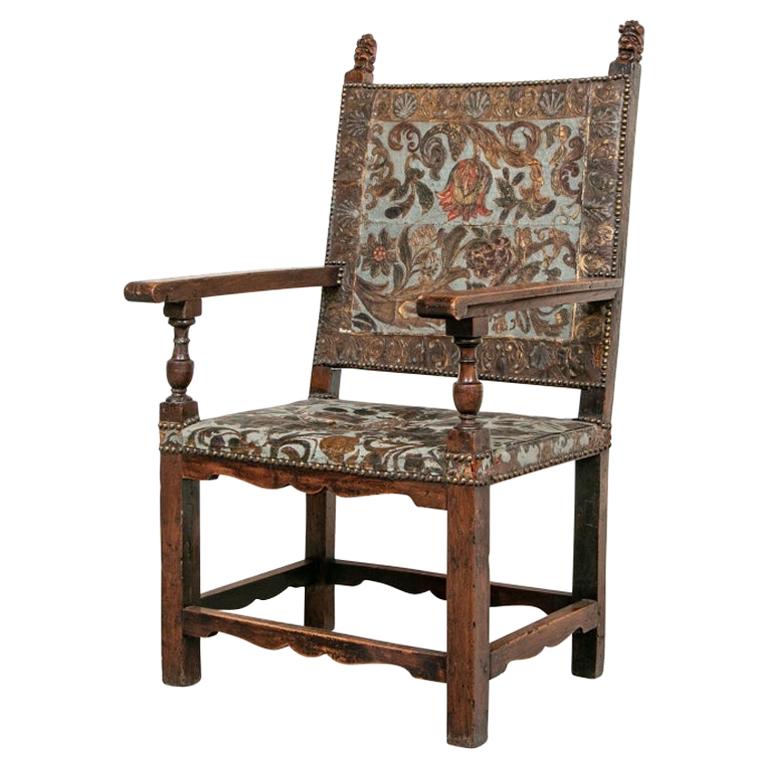 Late 17th Century Carved Walnut and Embossed Leather Armchair For Sale