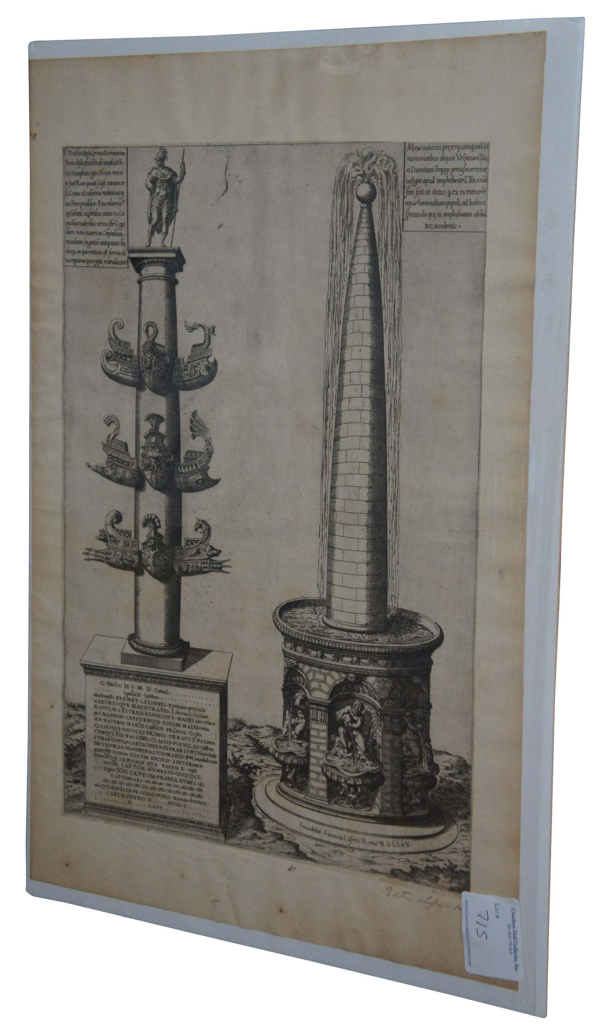 17th century (circa 1675) Roman naval column and fountain engraving. Publisher: Antonio Lafreri (French, Orgelet, Franche-Comte ca. 1512–1577 Rome) Portfolio: Speculum Romanae Magnificentiae. Published as part of Antonio Lafreri's Speculum Romanae