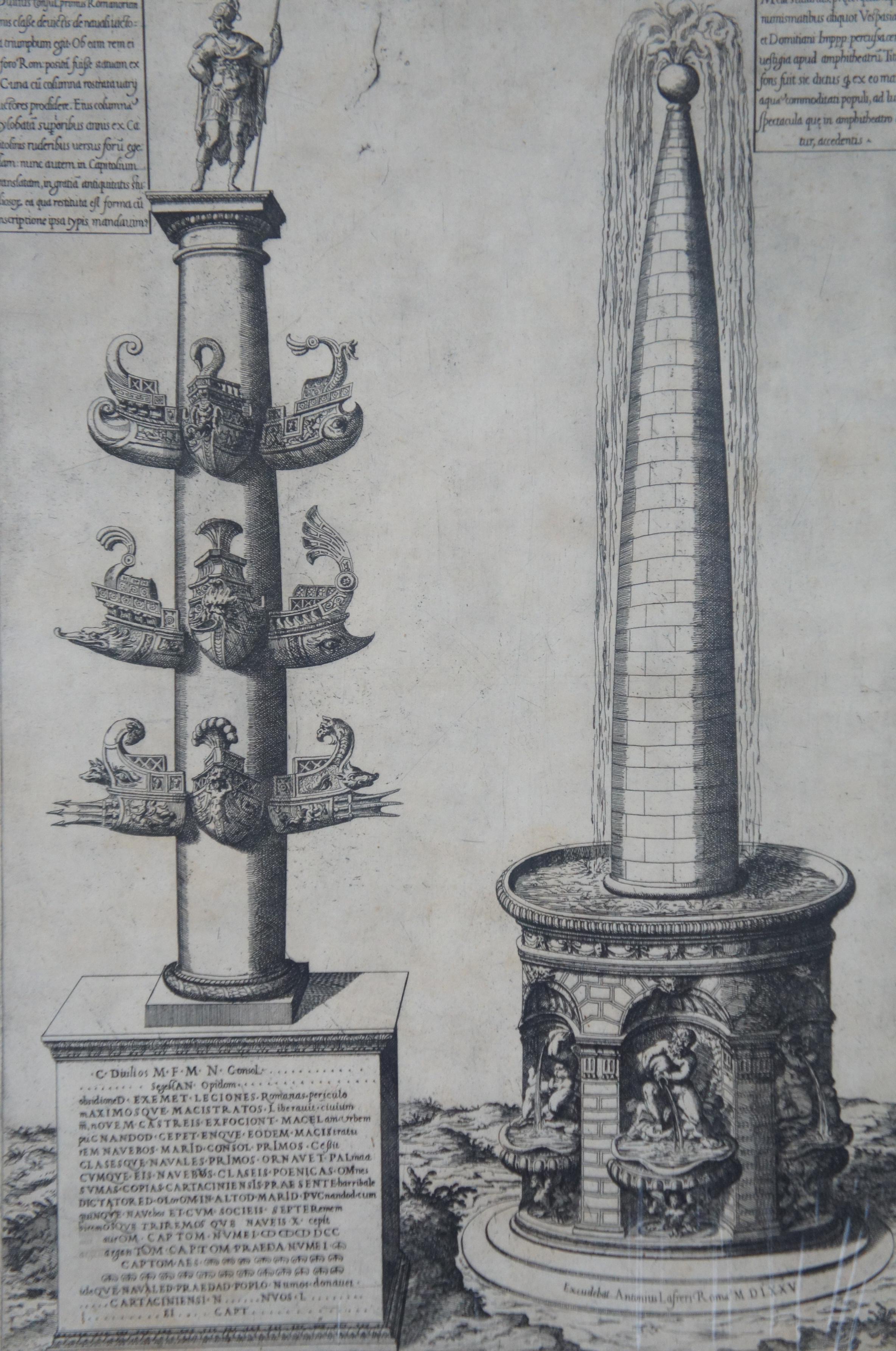 Paper 17th C. Column of Dilius & Obelisque Fountain Engraving Antonio Lafreri Speculum For Sale