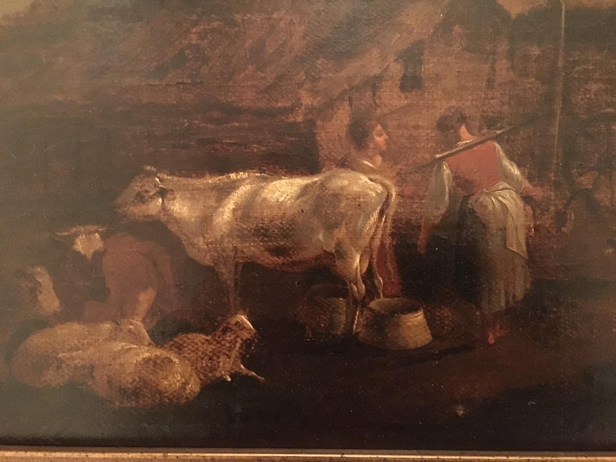 17th century Dutch Old Master painting with provenance, Barnyard with farm animals and peasants.

This Dutch oil on canvas painting is a jewel among the genre scenes. Although it is unsigned, an old label on the back states the name CUYP (Benjamin