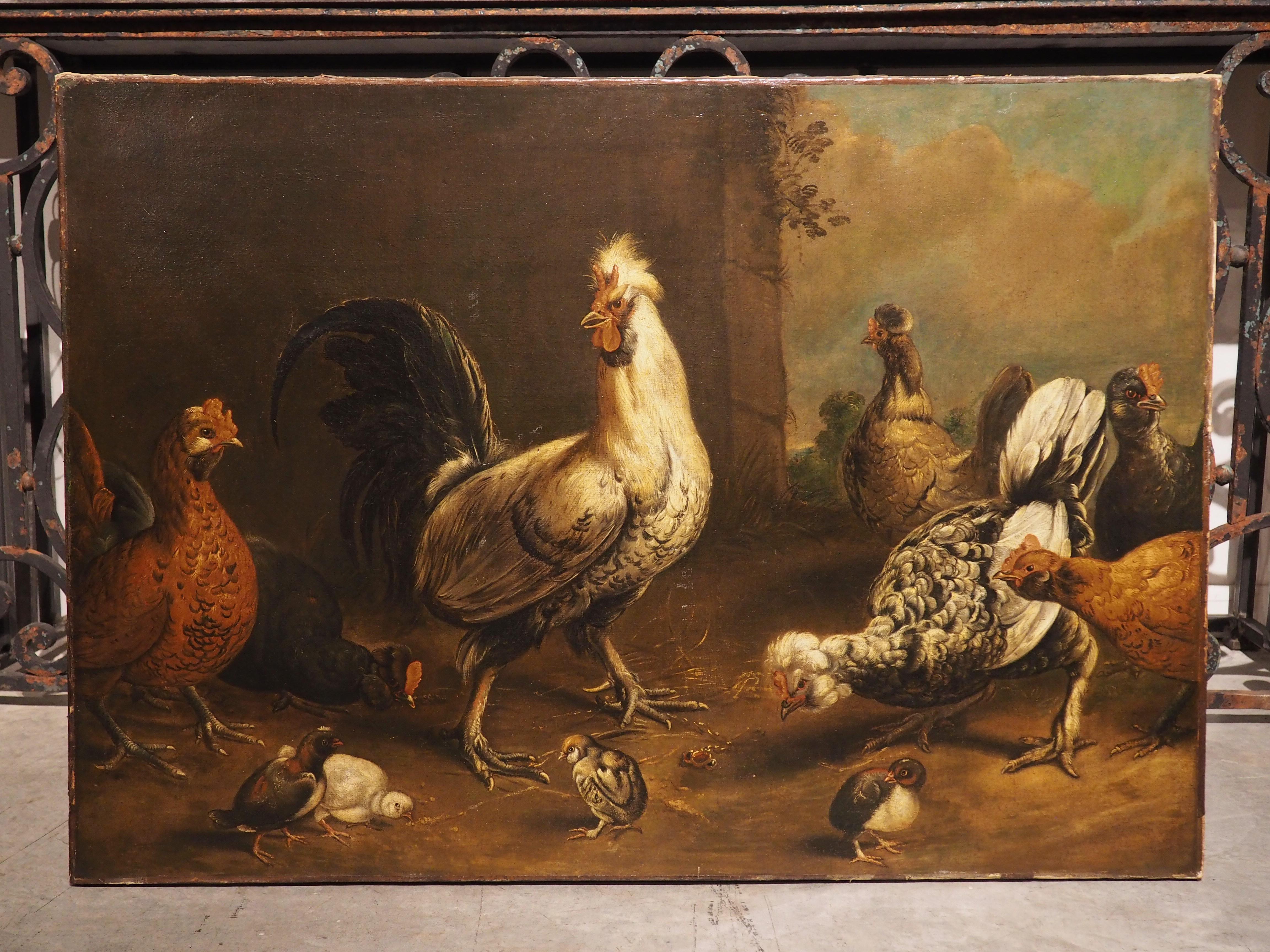 This painting of a flock of chickens from the Netherlands is attributed to the 17th century Dutch animalier painter, Melchior Hondecoeter (also cited as “d’Hondecoeter” or “de Hondecoeter”). The pastoral painting, depicting the chickens congregating