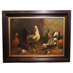 17th C. Dutch Painting of a Flock of Chickens, Attrib. to Melchior Hondecoeter
