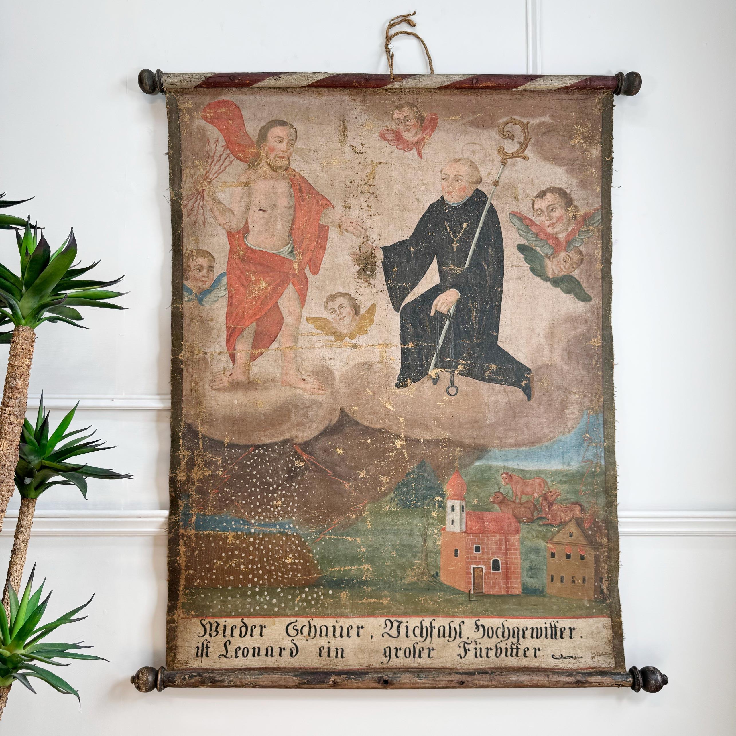 A rare 17th century ecclesiastical double sided wall hanging, oil on canvas of Saint Leonard of Noblac, a Frankish saint closely associated with the town and abbey of Saint-Léonard-de-Noblat, in Haute-Vienne, in the Limousin region of France. He was
