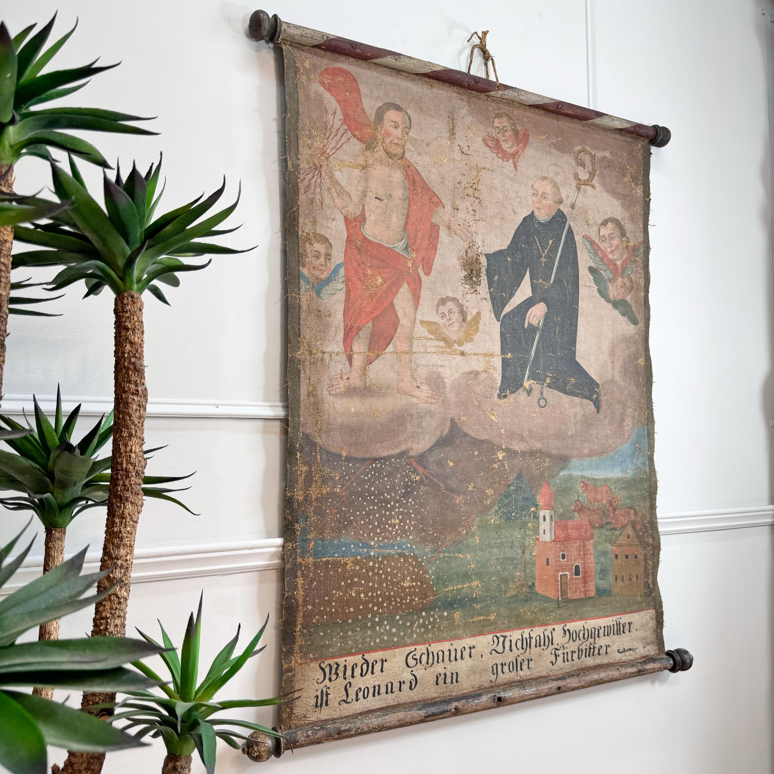 XVIIIe siècle et antérieur A.I.C. 17th C Ecclesiastical Sacred Wall Hanging oil on canvas of St Leonard of Noblac en vente