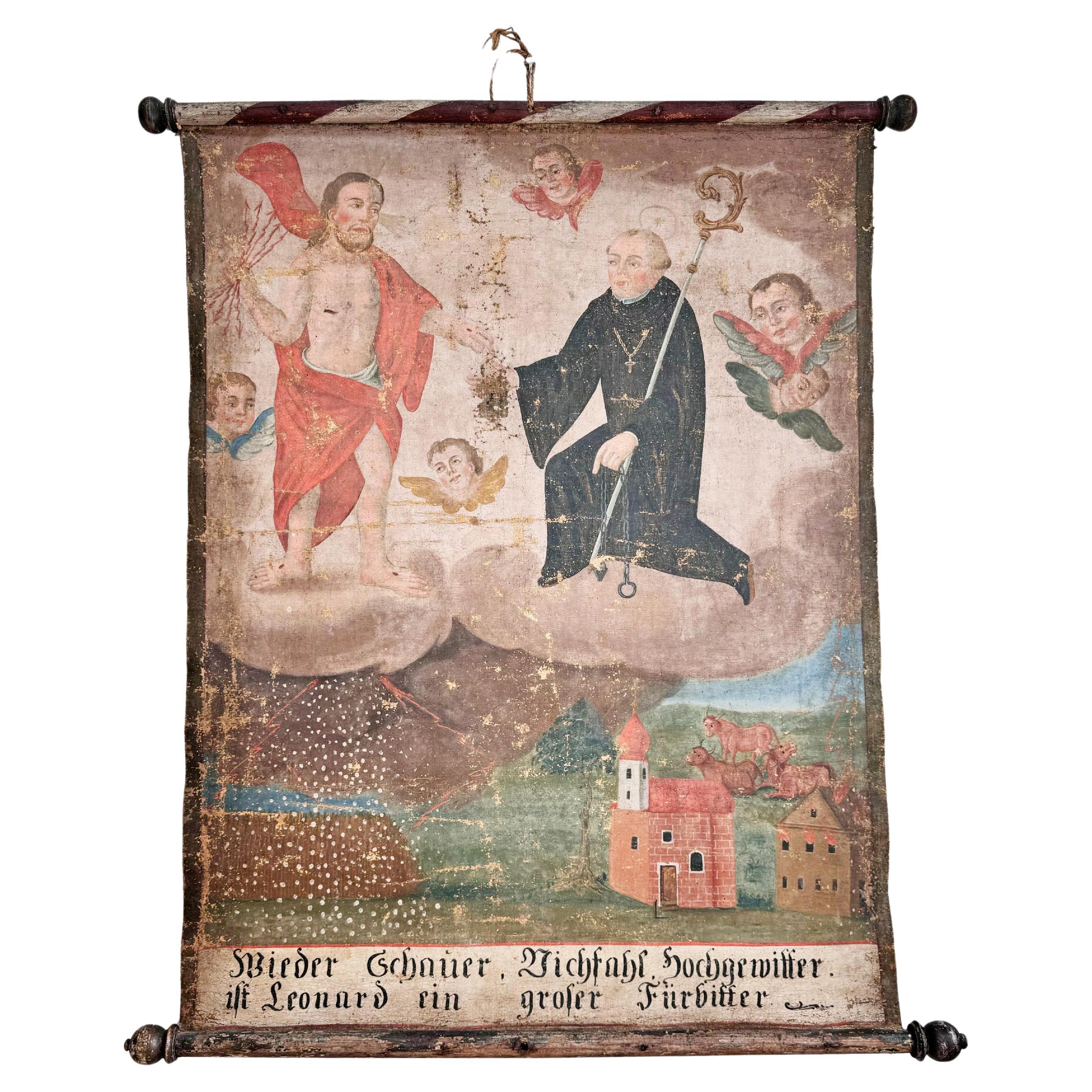 A.I.C. 17th C Ecclesiastical Sacred Wall Hanging oil on canvas of St Leonard of Noblac en vente