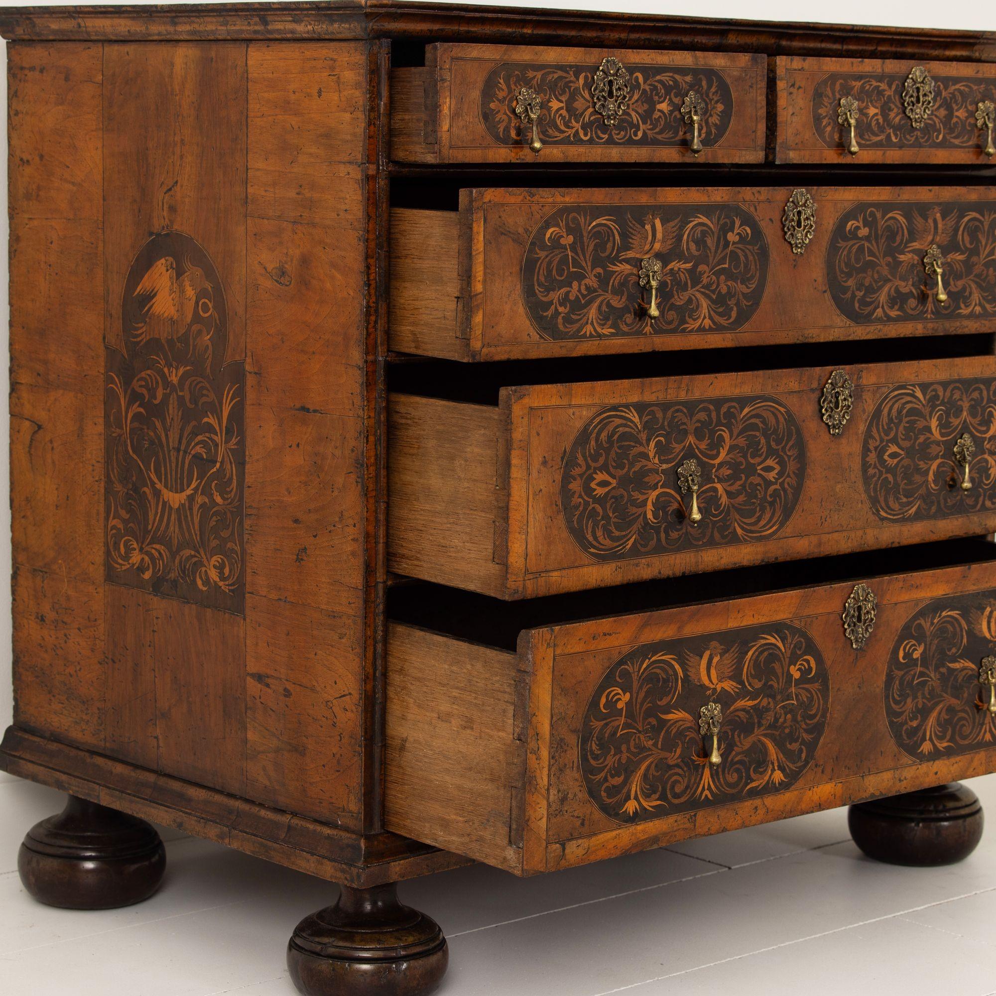17th c. English William & Mary Walnut and Ebony Seaweed Marquetry Commode For Sale 10