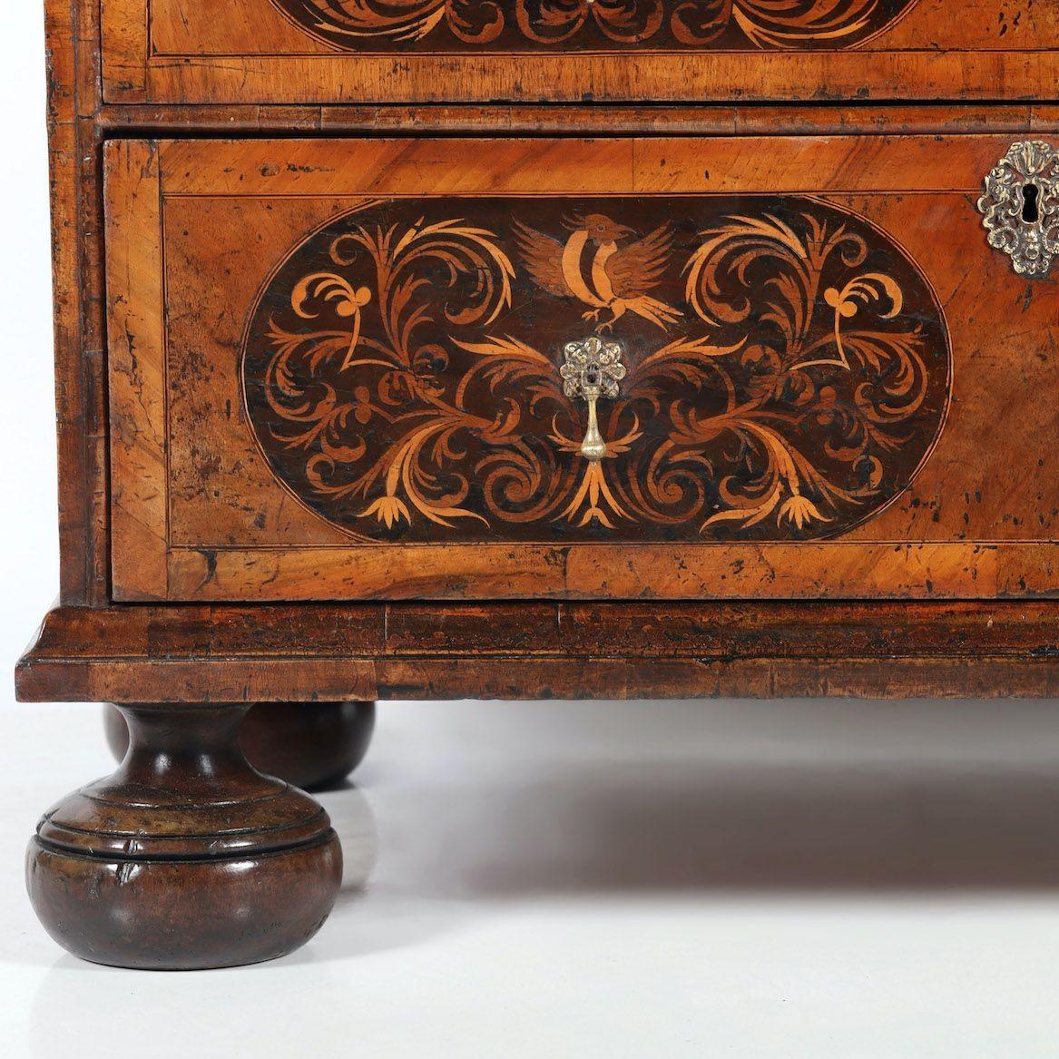Brass 17th c. English William & Mary Walnut and Ebony Seaweed Marquetry Commode For Sale