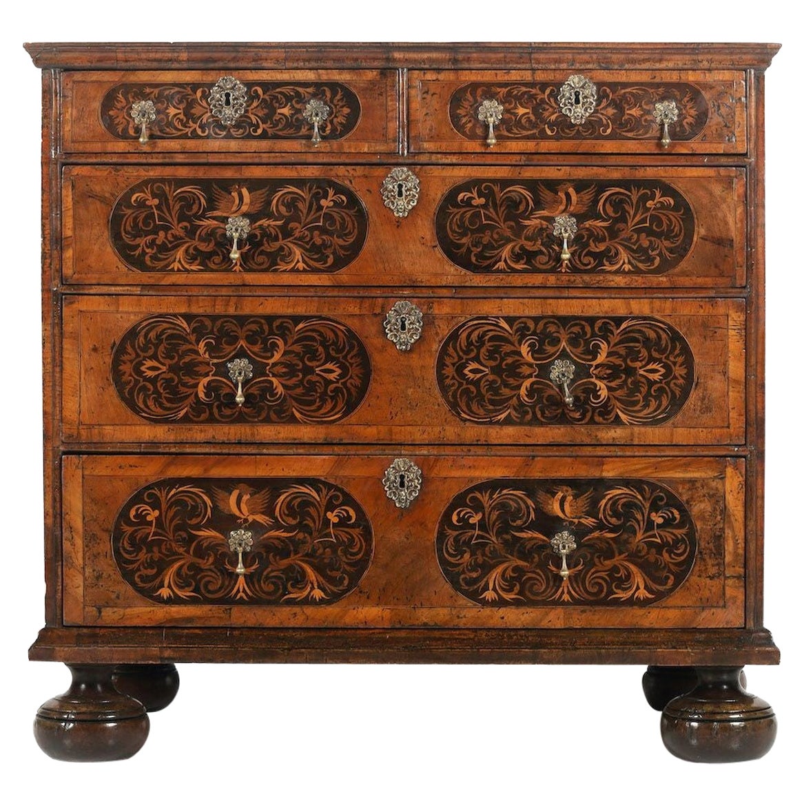 17th c. English William & Mary Walnut and Ebony Seaweed Marquetry Commode