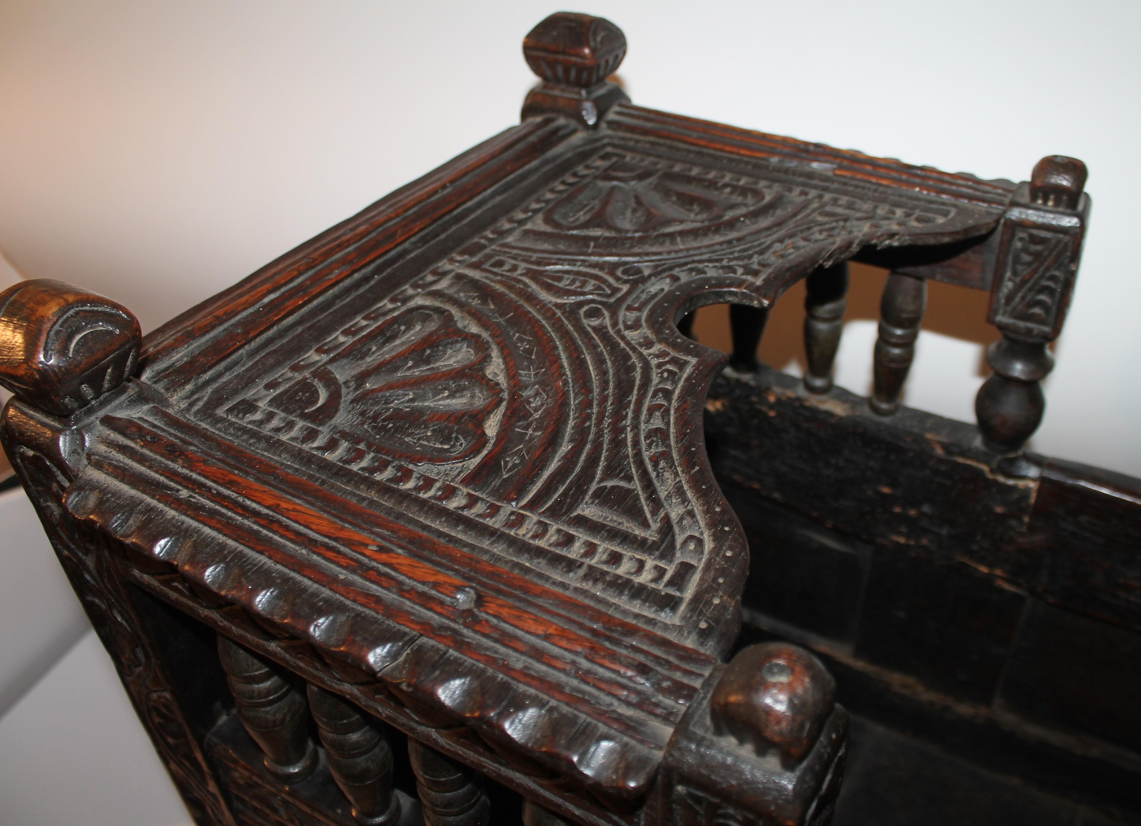 Wood 17th C European Hodded Infant Cradle Dated 1658 For Sale