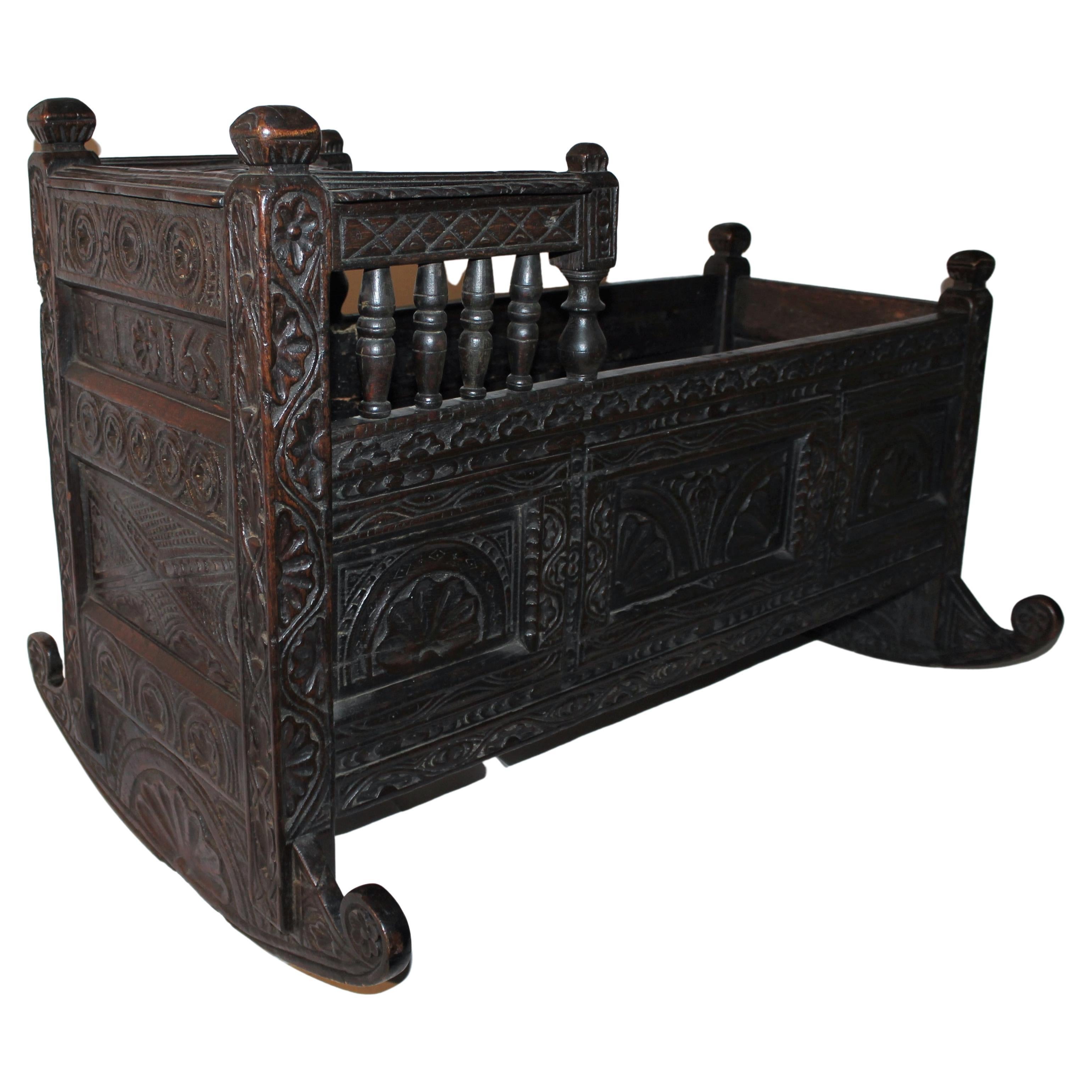 17th C European Hodded Infant Cradle Dated 1658 For Sale