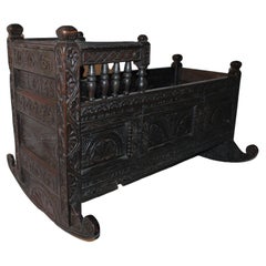 Used 17th C European Hodded Infant Cradle Dated 1658
