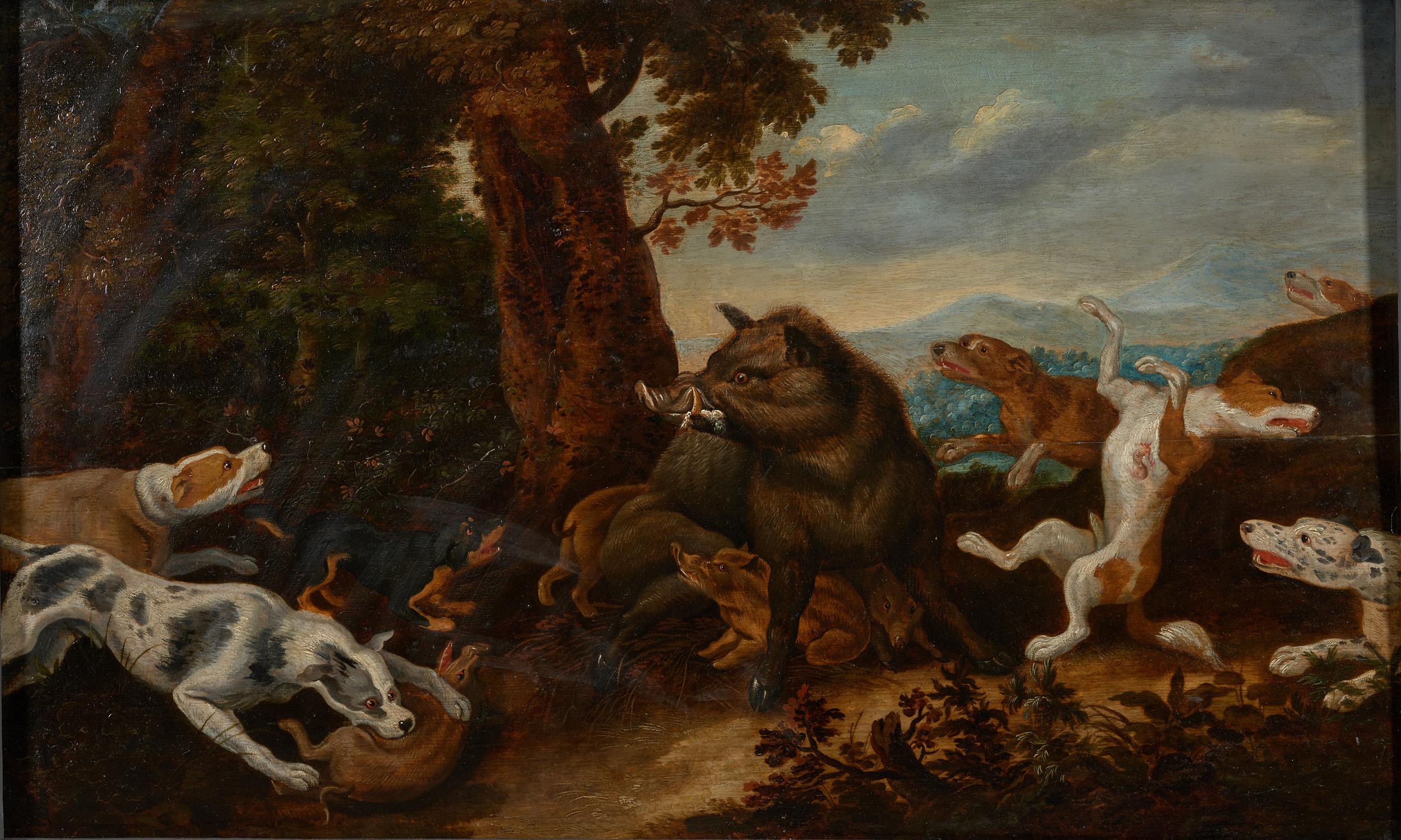 chasse au sanglier dans le style de Frans Snijders, huile sur panneau de chêne du XVIIe siècle, marquée par Guilliam Gabron 1609-1662, Anvers. Le style de ce tableau est très proche des peintres anversois Frans Snijders (1579-1657) et Paul de Vos,