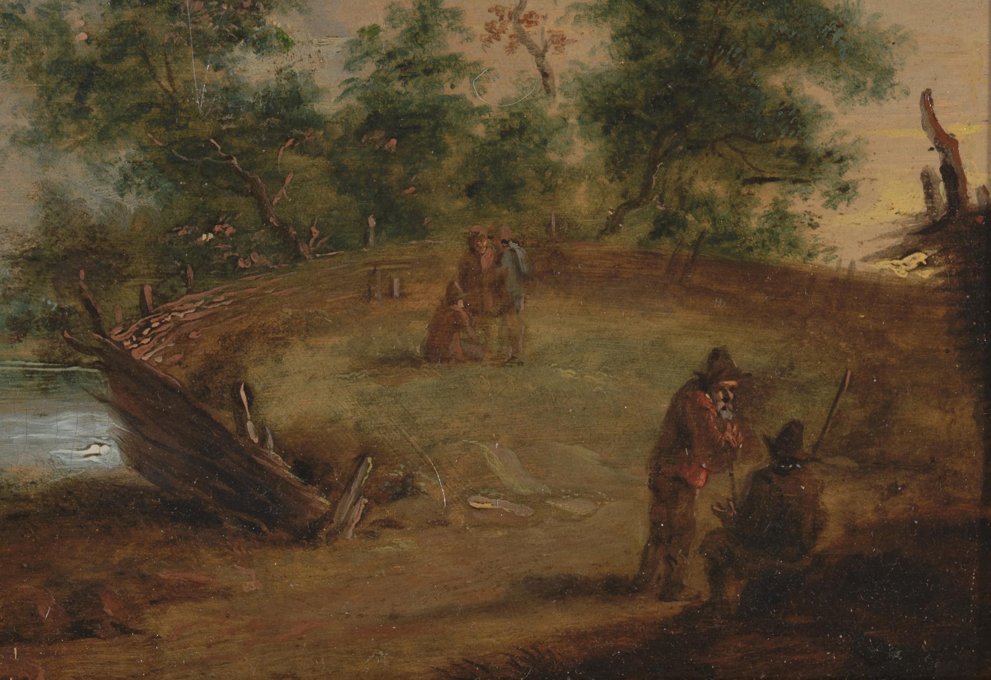 Flämische Schule des 17. Jahrhunderts, Landleben mit Bauern am Fluss (Handbemalt) im Angebot