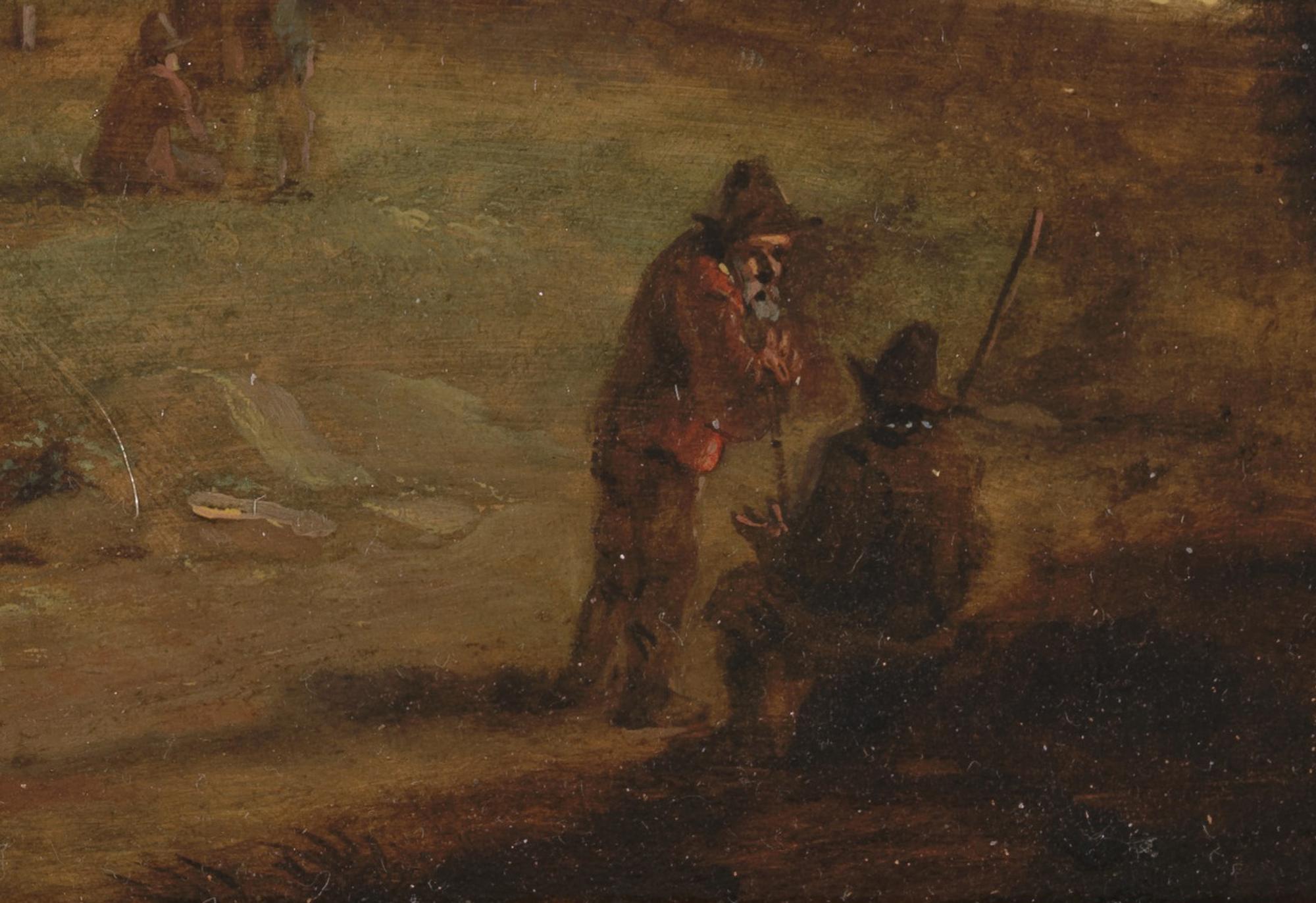 Peinture École flamande du 17ème siècle, campagne avec paysans au bord de la rivière  en vente